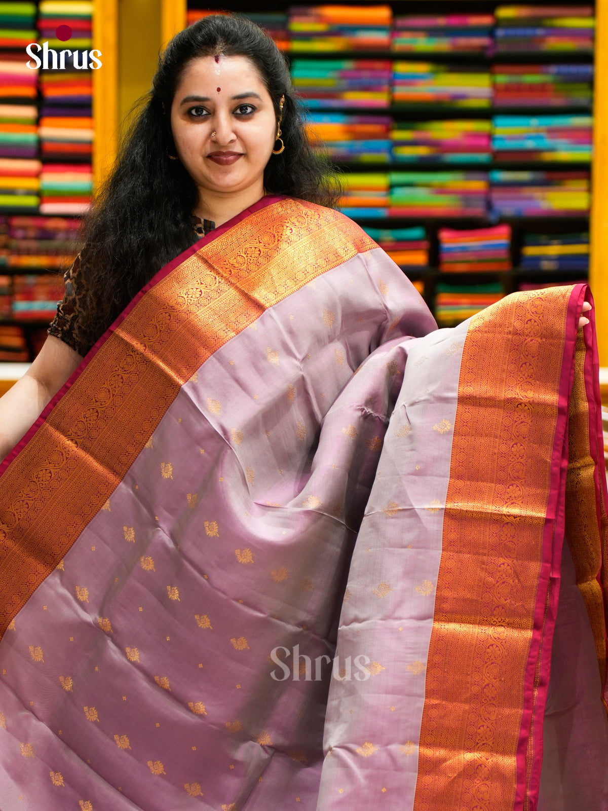 Majestic Lavender Halfpure Kanchipuram Sarees With Zari Buttas, Dark Pink Border & Pallu
