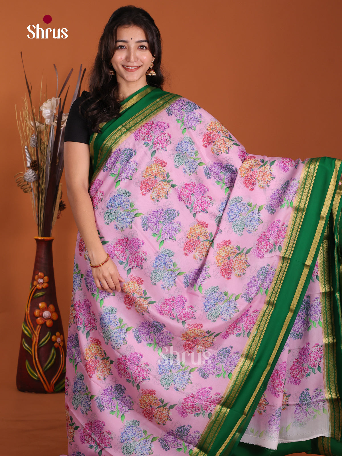 Buy Beautiful Lavender Mysore Silk Crepe Saree with Floral Prints, Green Rettaipet Zari Border & Chit Pallu