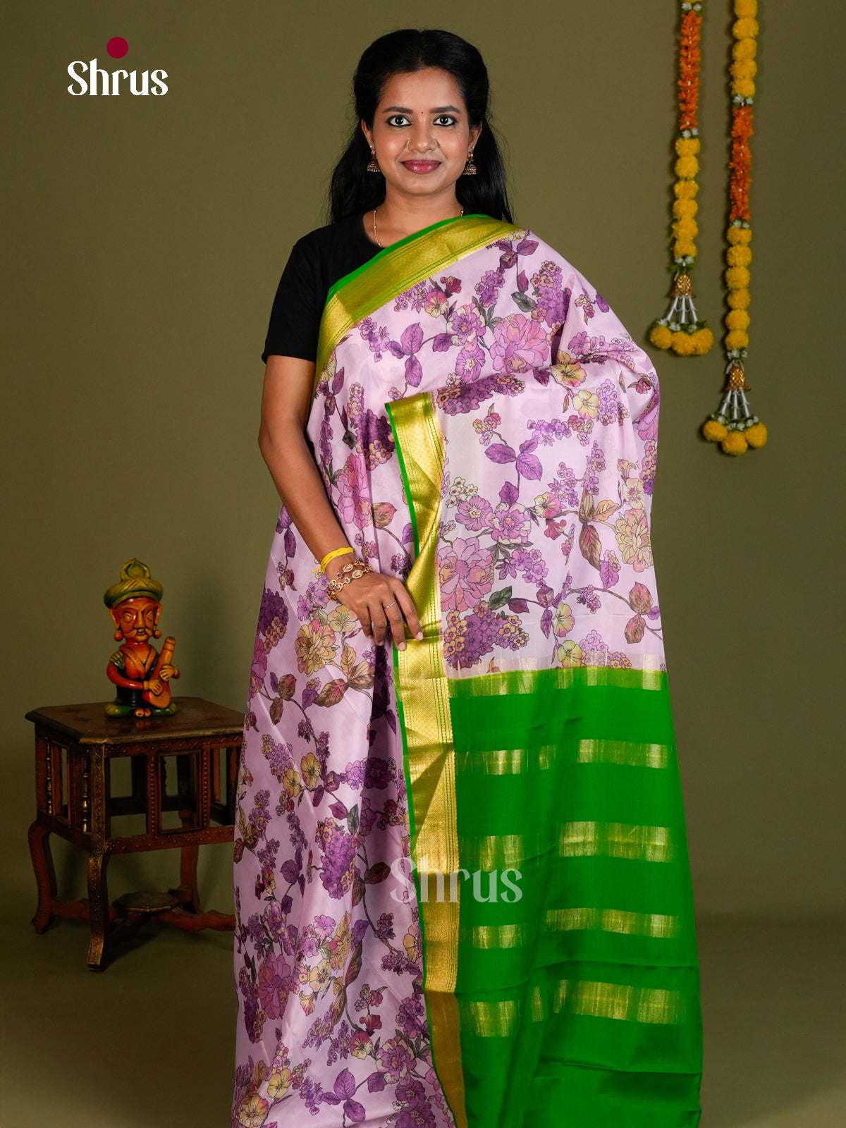 Buy Classic Lavender Mysore Silk Saree with Floral Patterns, Green Kaddi Zari Border & Chit Pallu