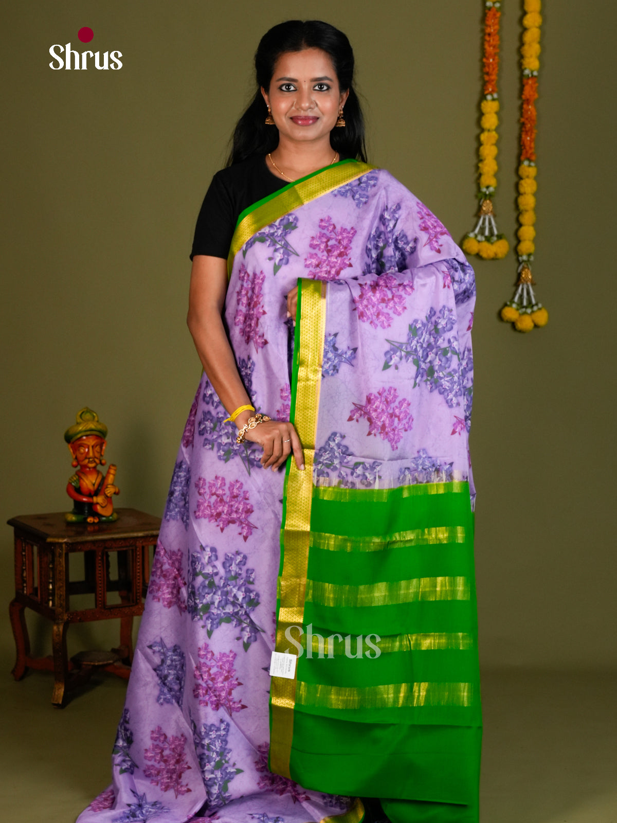Buy Lustrous Lavender Mysore Silk Saree with Floral Print, Kaddi Zari Border & Green Pallu