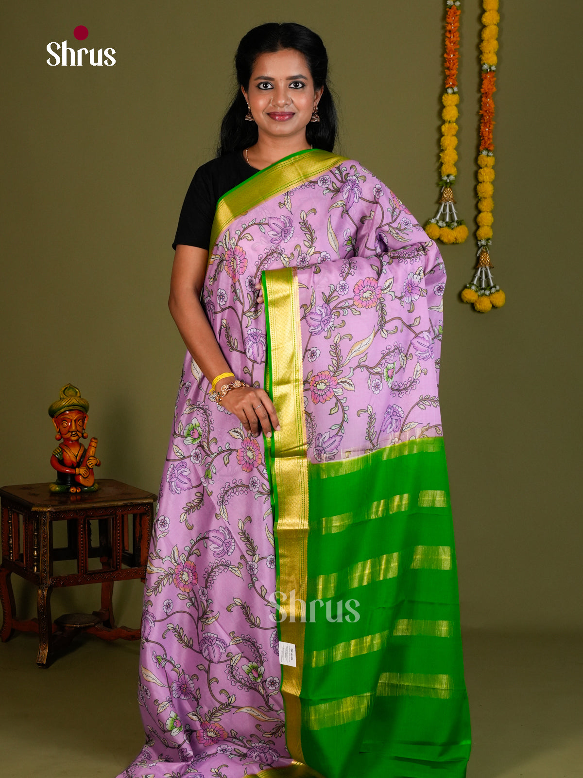 Buy Lustrous Lavender Mysore Silk Saree with Kalamkari Floral Print, Green Kaddi Border & Chit Pallu