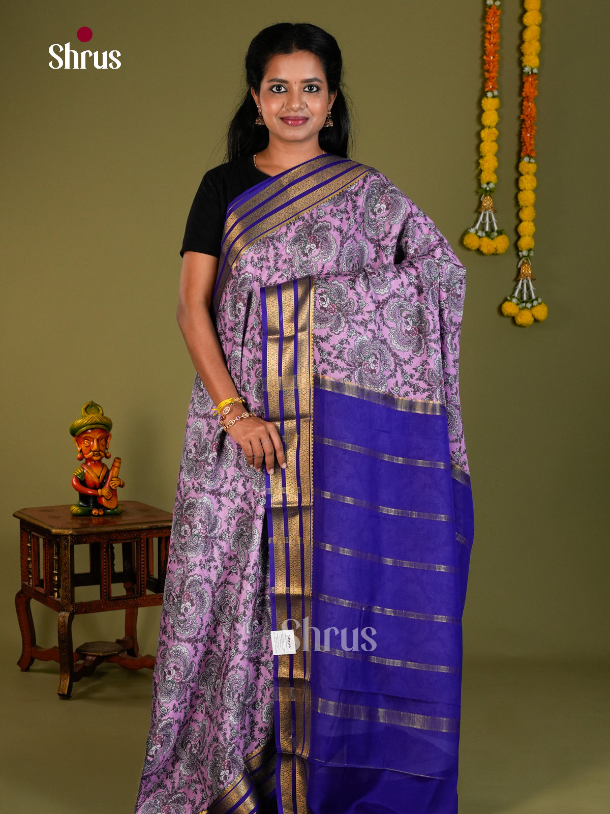 Buy Opulent Lavender Mysore Silk Saree with Kalamkari Style Floral Print & Blue Zari Striped Border