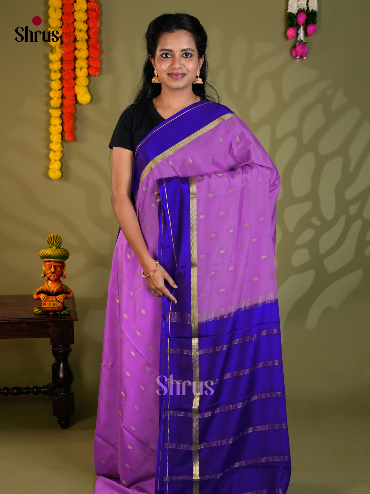 Buy Pretty Lavender Mysore Silk Saree with Zari Buttas, Blue Border & Traditional Pallu