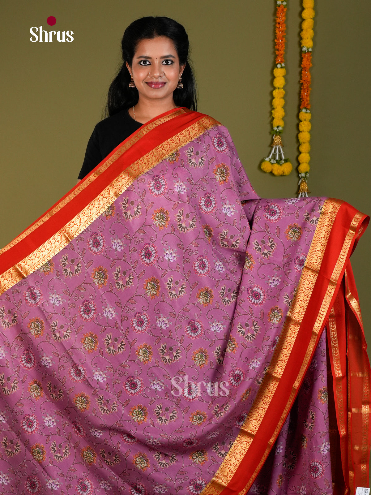 Buy Pretty Lavender Mysore Silk Sarees with Floral Vines Print, Tomato Red Rettapet Zari Border & Pallu