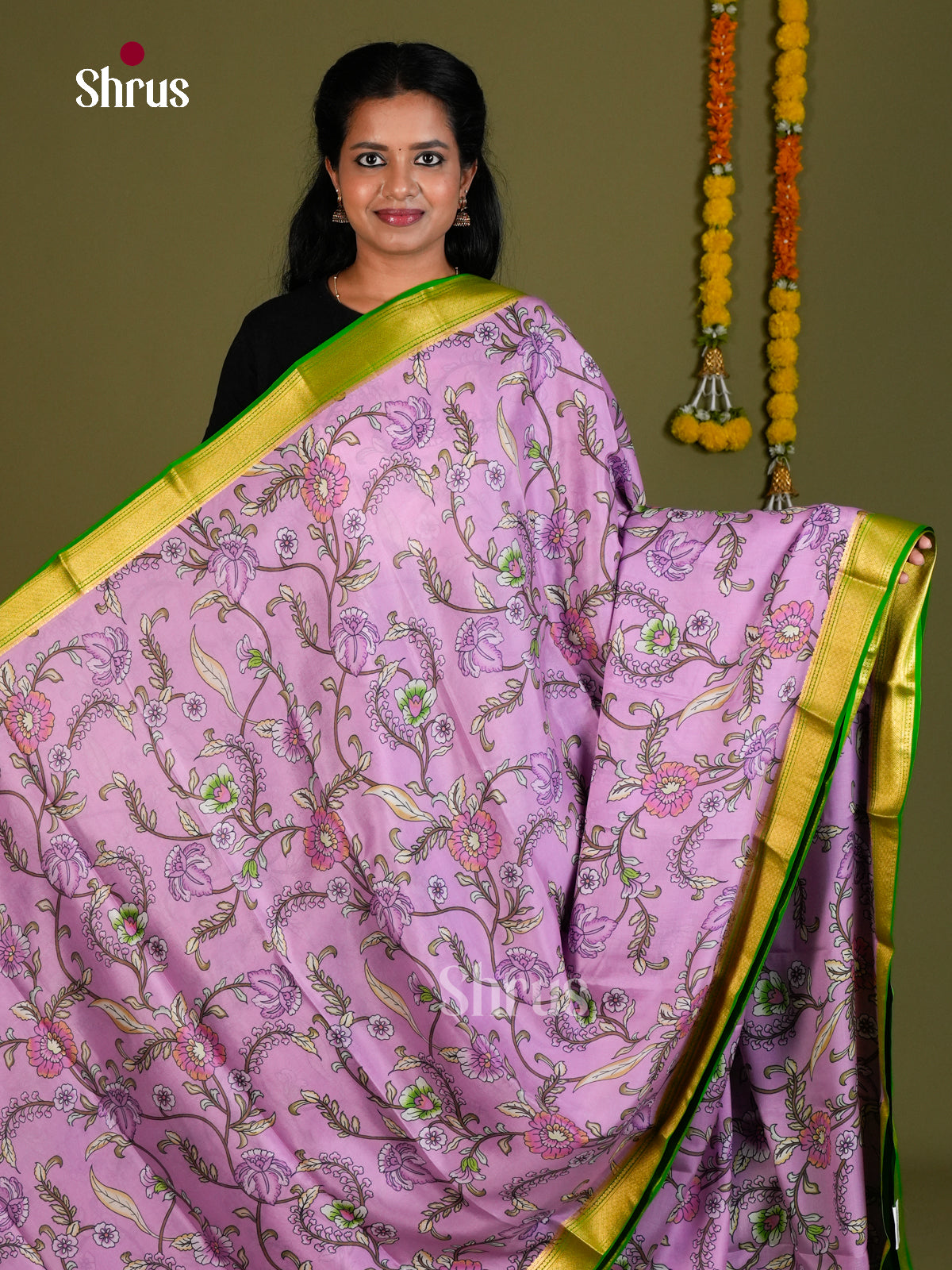 Buy Lustrous Lavender Mysore Silk Sarees with Kalamkari Floral Print, Green Kaddi Border & Chit Pallu