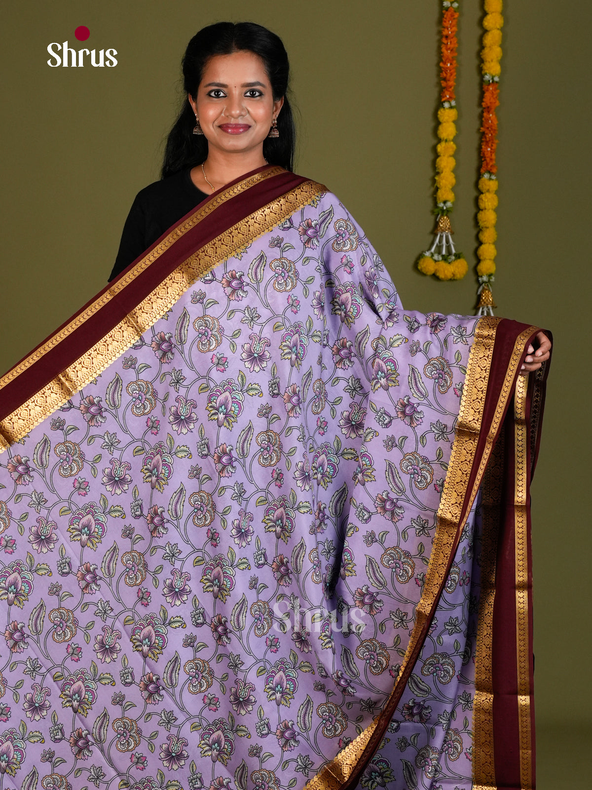 Buy Pretty Lavender Mysore Silk Sarees with Kalamkari Floral Vines & Maroon Rettaipet Zari Border