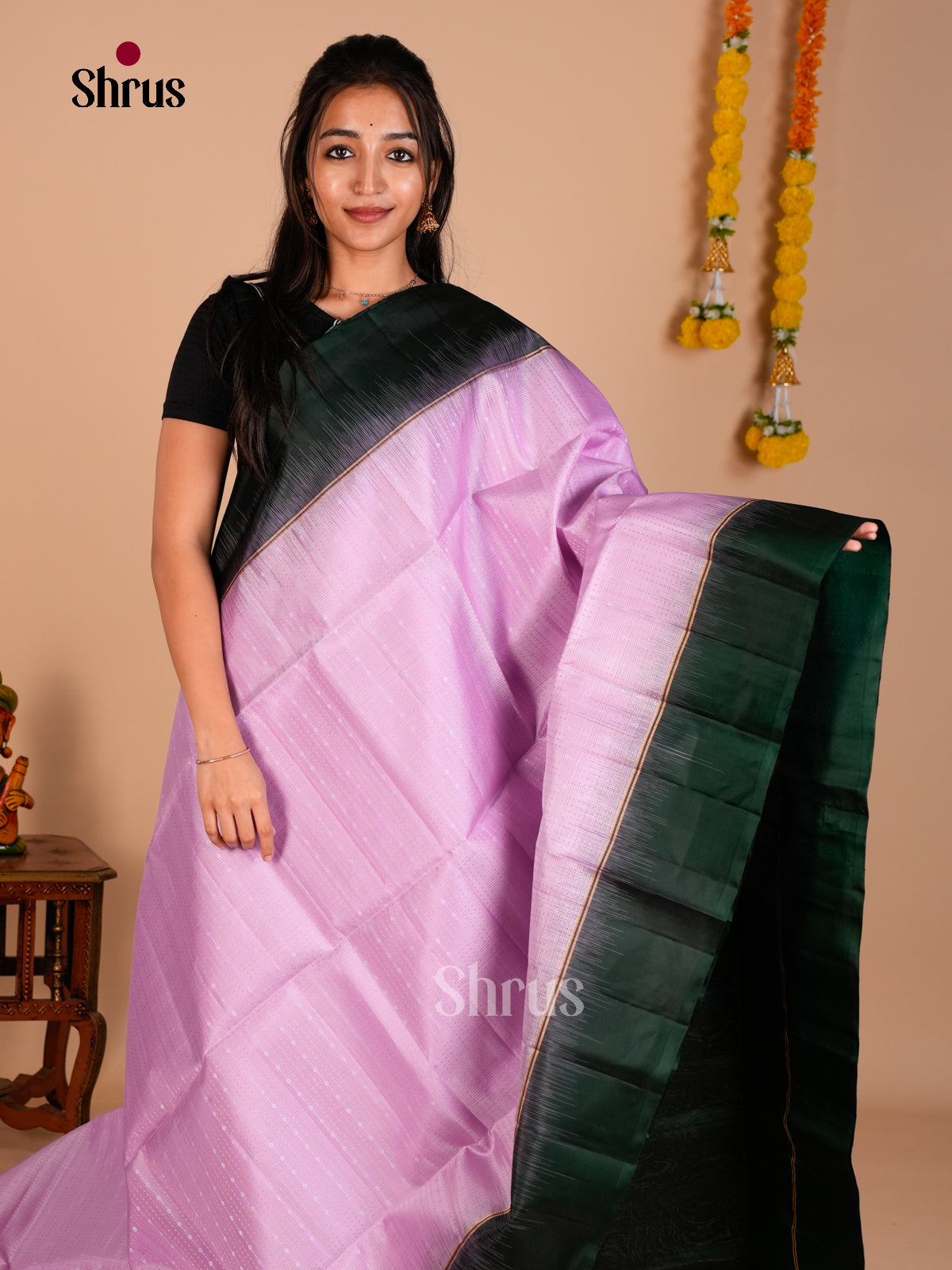Buy Charming Lavender Pure Soft Silk Saree with Zari Stripes & Dark Green Border And Pallu
