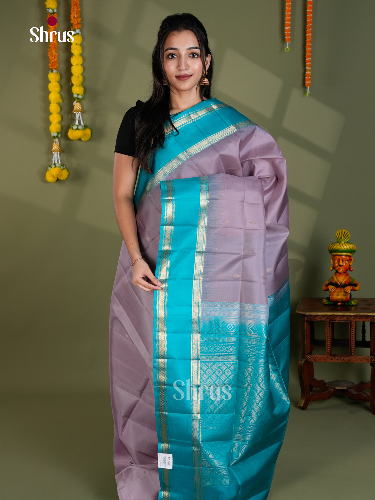 Buy Breezy Lavender Soft Silk Saree With Small Buttas, Teal Rettaipet Zari Border & Brocade Pallu