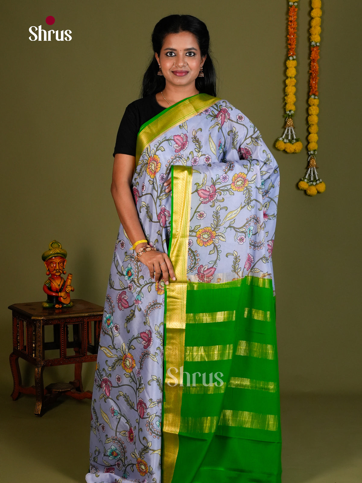 Buy Pretty Light Blue Mysore Silk Saree Printed With Kalamkari Birds & Flowers And Green Pallu