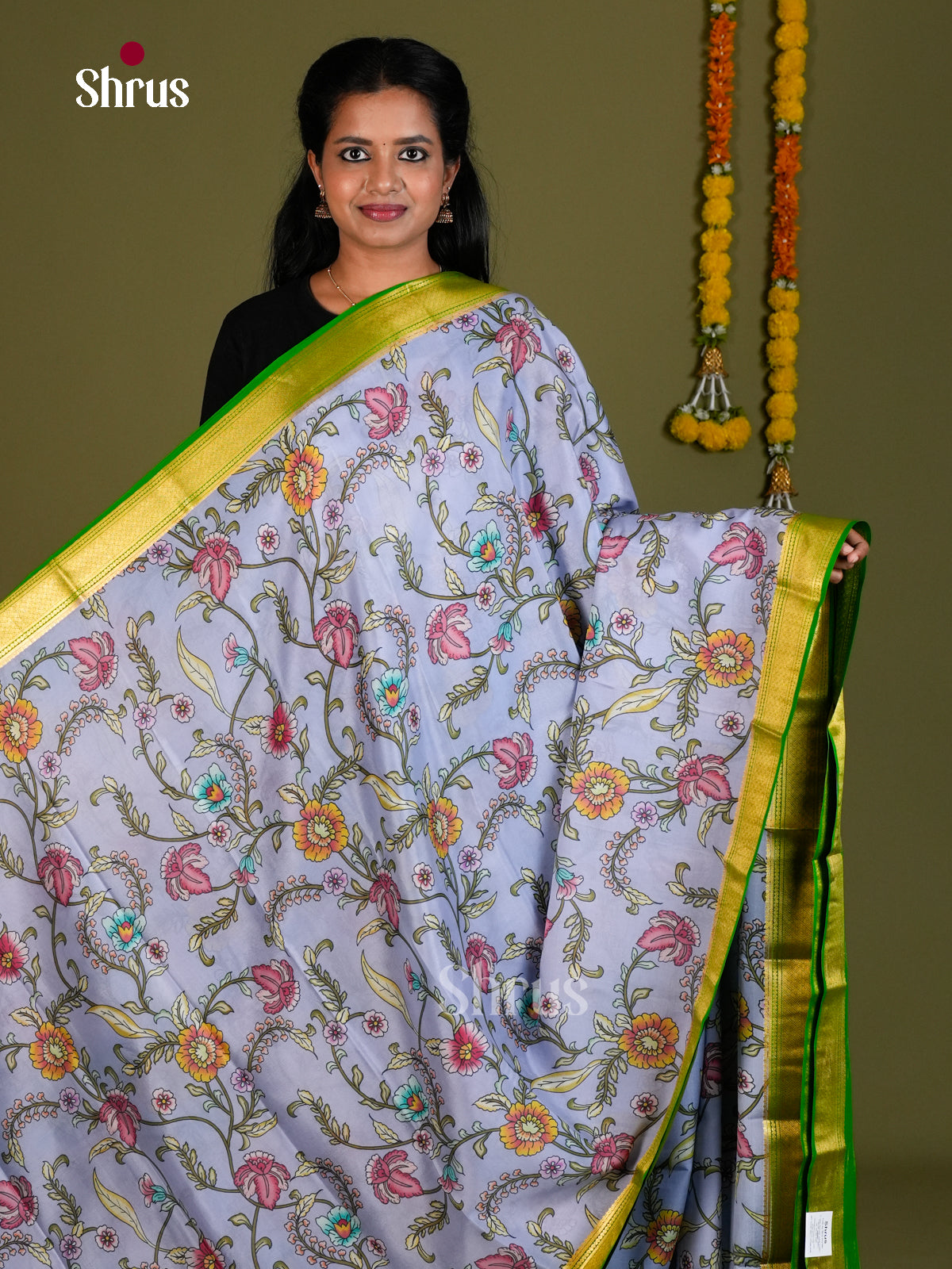 Buy Pretty Light Blue Mysore Silk Sarees Printed With Kalamkari Birds & Flowers And Green Pallu