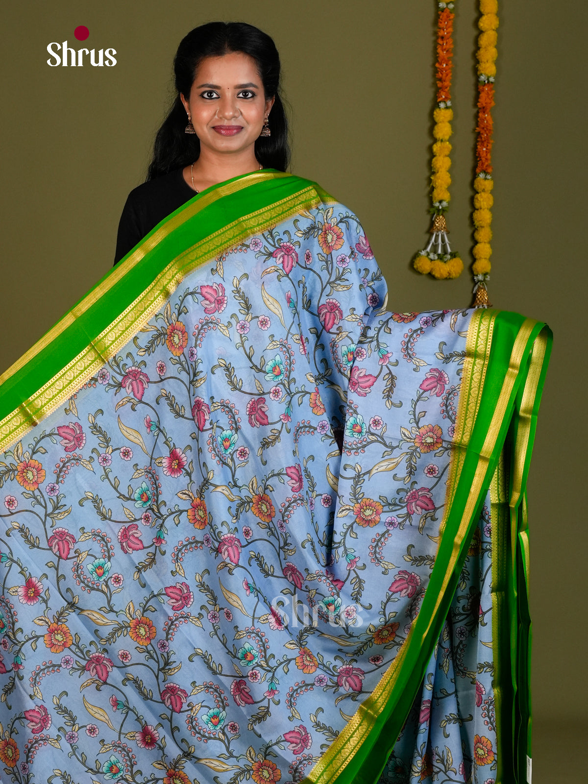 Buy Classic Light Blue Mysore Silk Sarees with Kalamkari Print, Green Rettaipet Border & Zari Woven Pallu