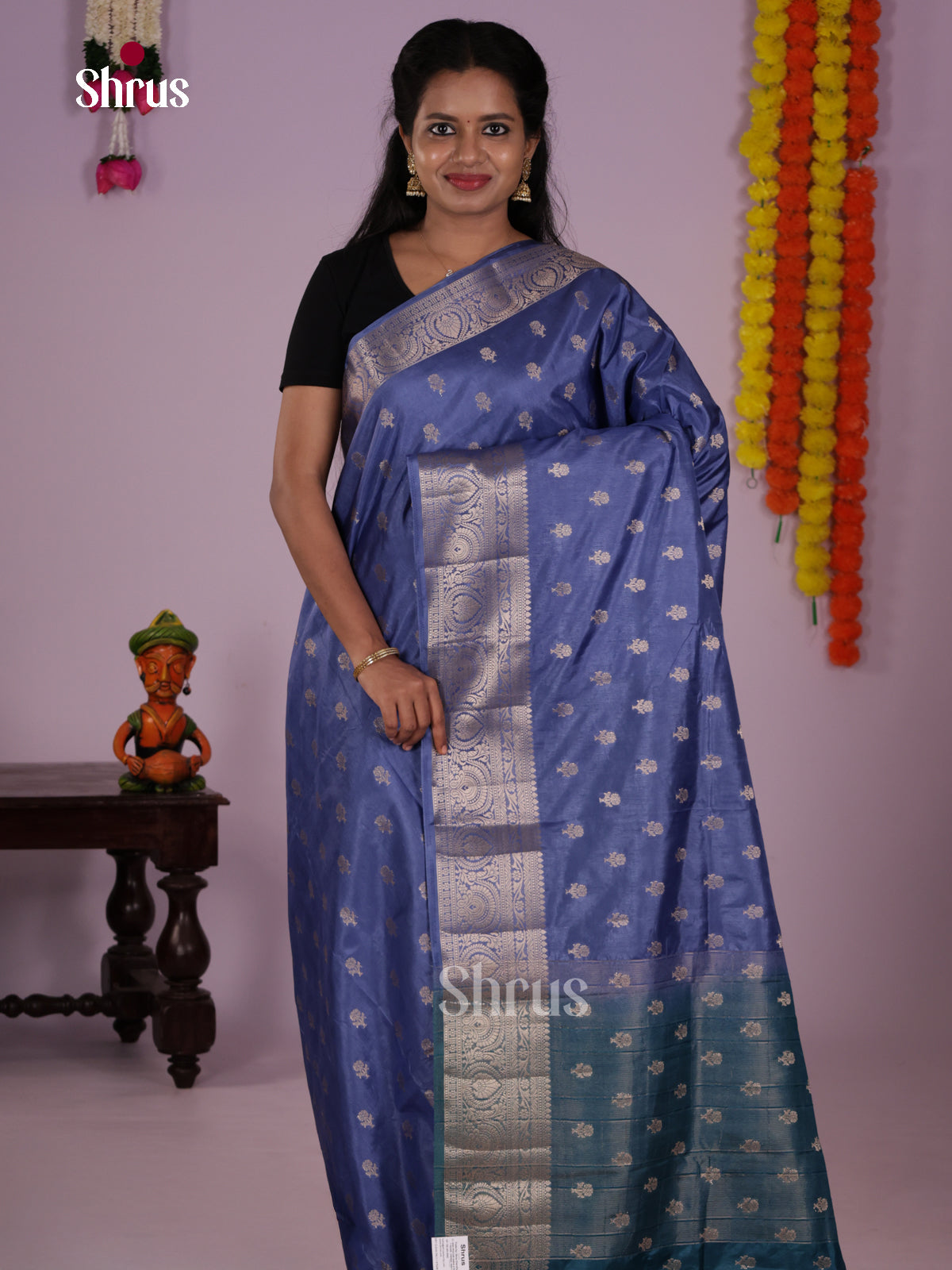 Buy Serene Light Blue North Cotton Silk Saree With Zari Floral Buttas & Teal Pallu