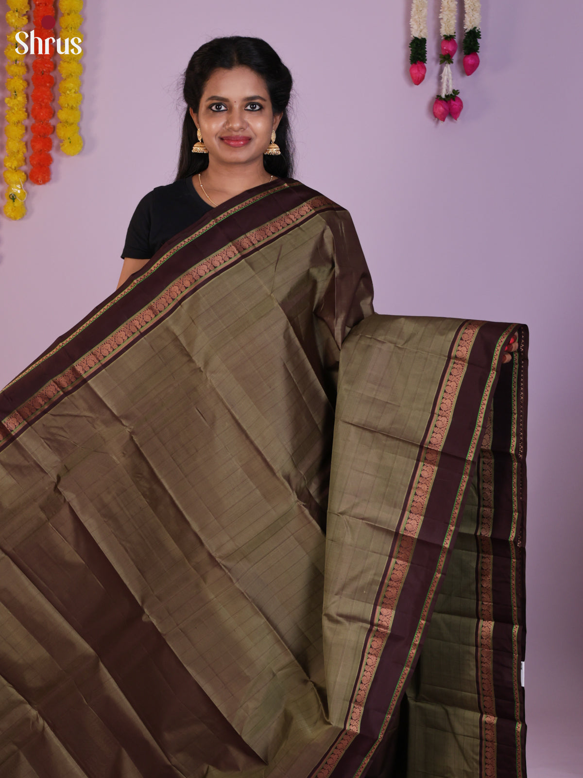Buy Elegant Light Brown Kanchipuram Saree With Dark Brown Rettaipet Border & Chit Pallu