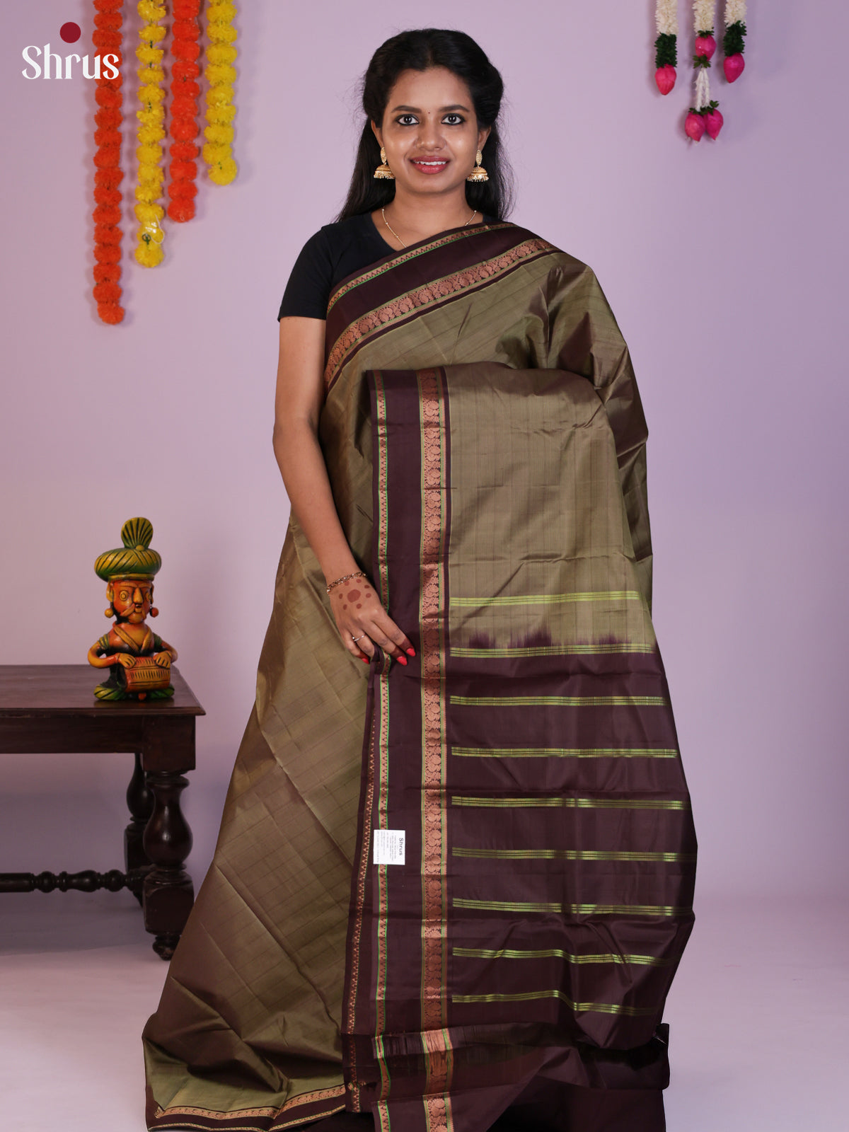 Buy Elegant Light Brown Kanchipuram Silk Saree With Dark Brown Rettaipet Border & Chit Pallu
