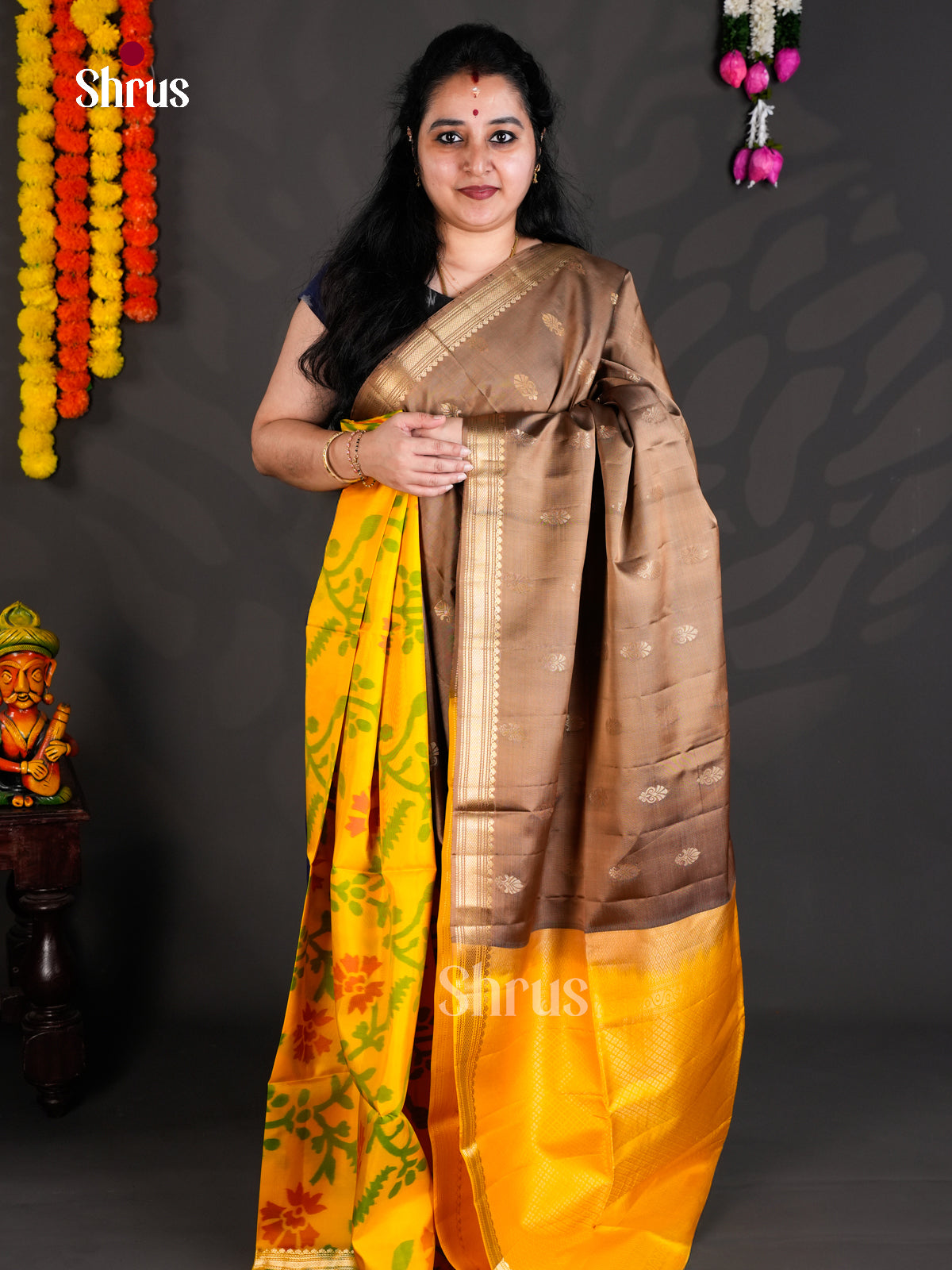 Buy Stunning Light Brown Soft Silk Saree With Half & Half Design & Mustard Yellow Zari Brocade Pallu