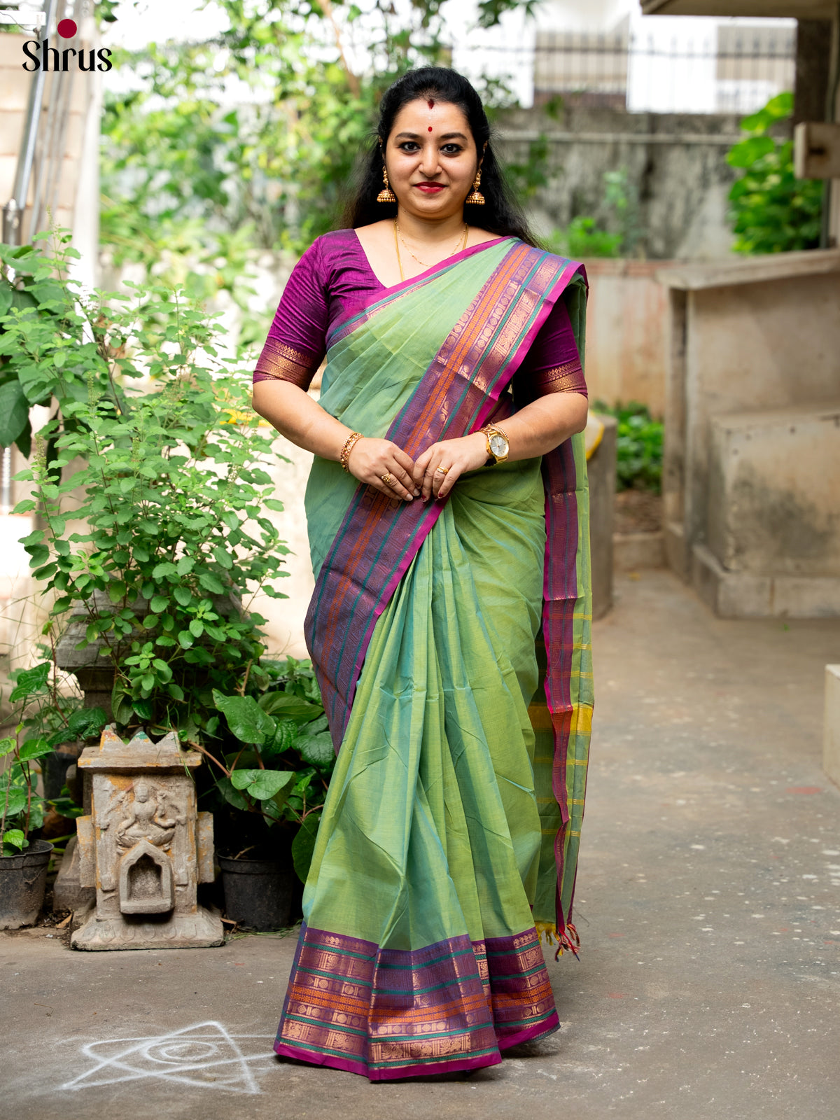 Vivd Light Green Chettinad Cotton Saree With Purple Rudraksh & Peacock Woven Zari Border