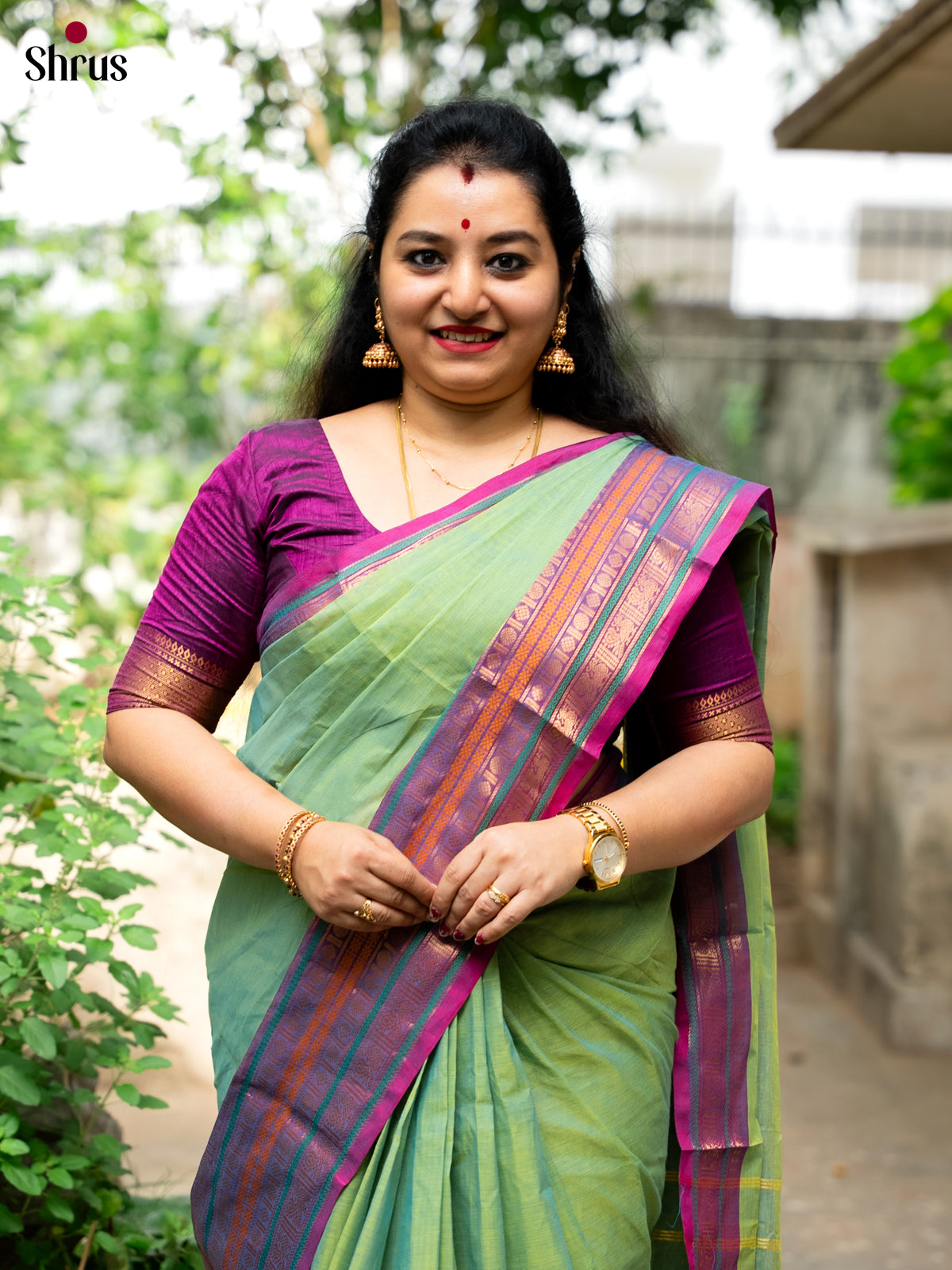 Vivd Light Green Chettinad Saree With Purple Rudraksh & Peacock Woven Zari Border