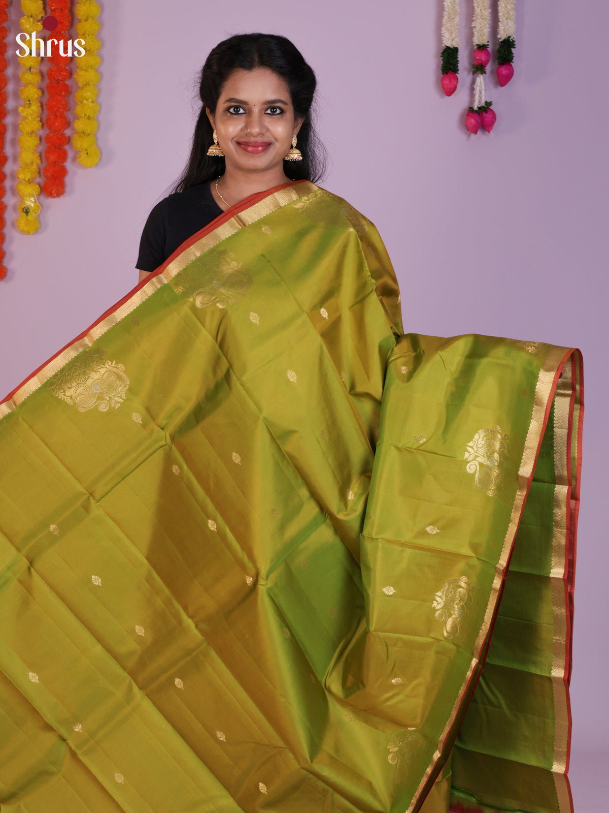 Buy Regal Light Green Kanchipuram Saree With Golden Buttas, Brick Orange Border & Brocade Pallu