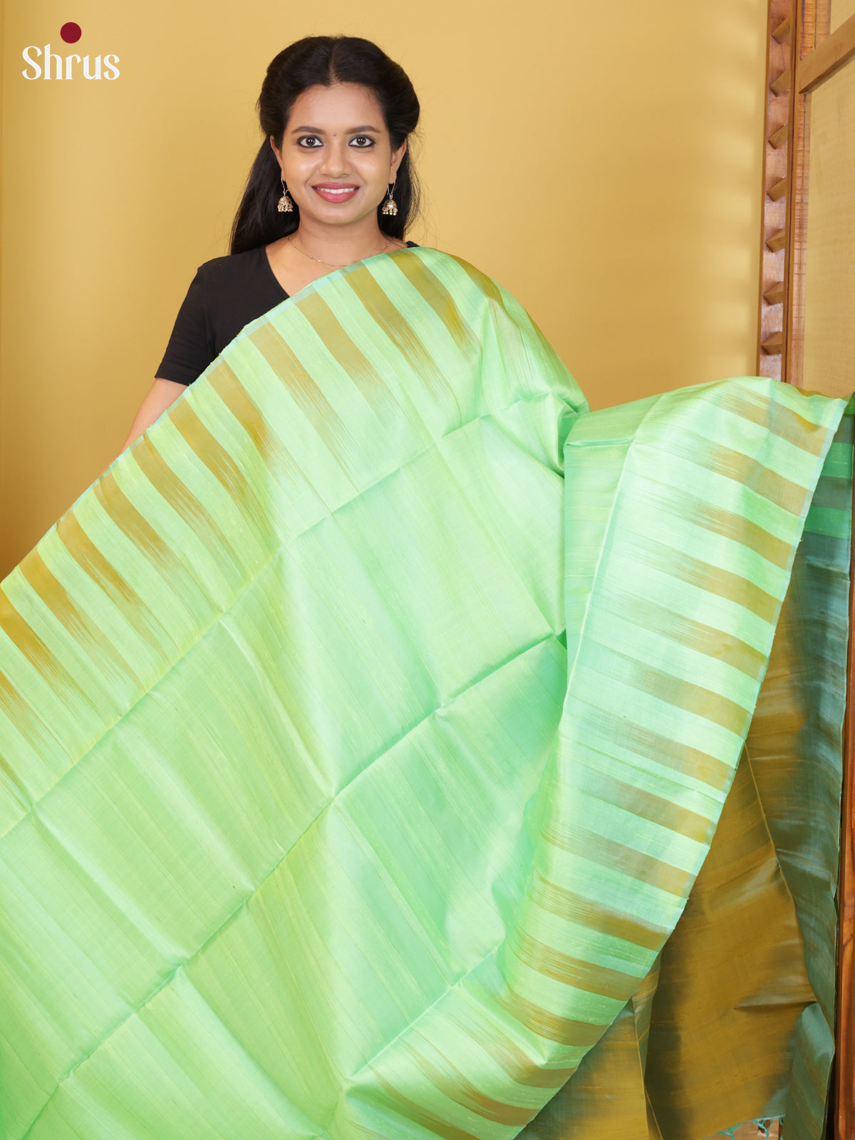 Buy Enchanting Light Green Pure Soft Silk Saree with Block Striped Border & Mustard Pallu