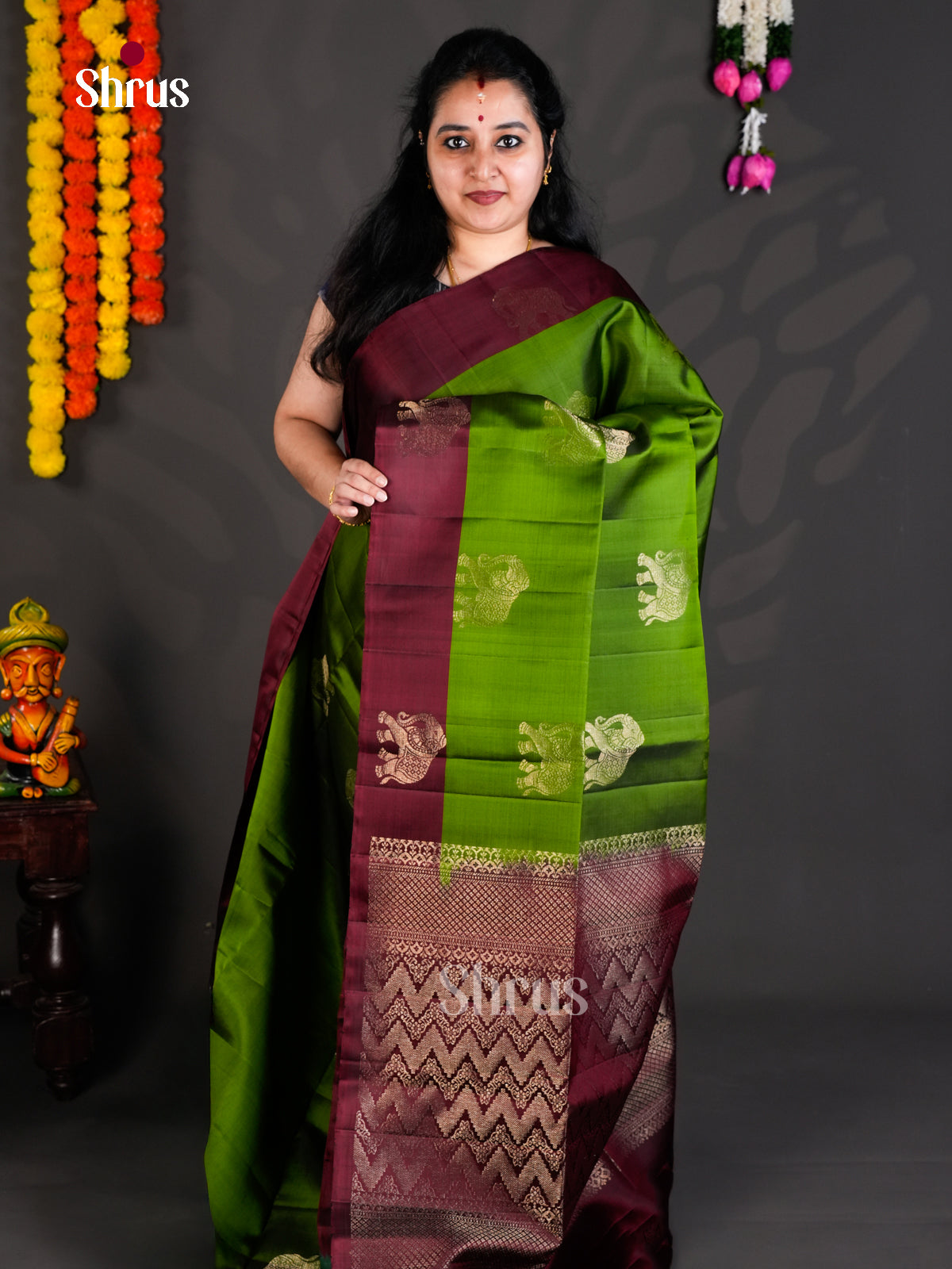 Buy Serene Light Green Soft Silk Saree With Zari Elephant Motifs & Contrast Maroon Border