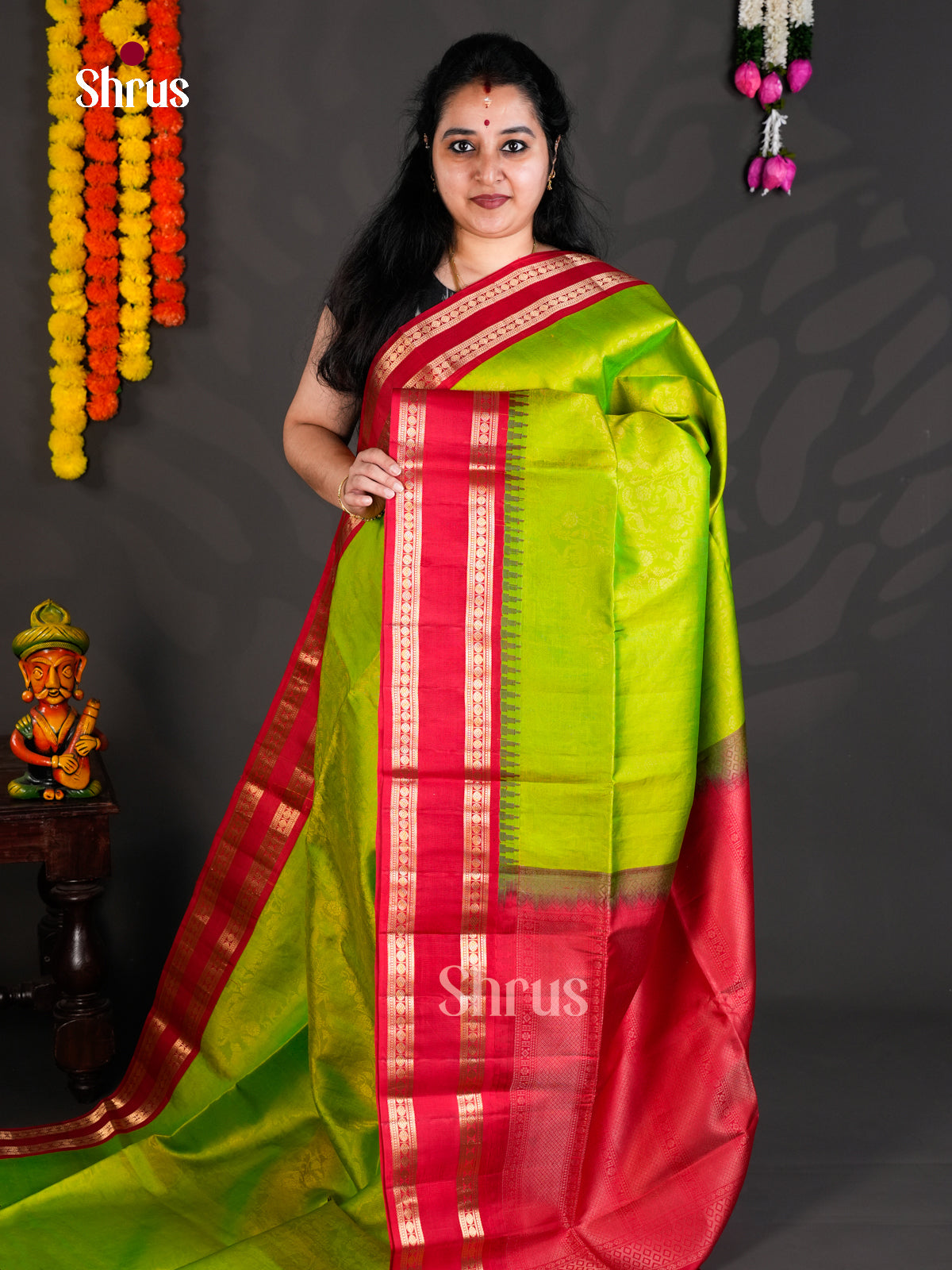 Buy Beautiful Light Green Soft Silk Saree with Floral Nestling Brocade & Red Rettaipet Border