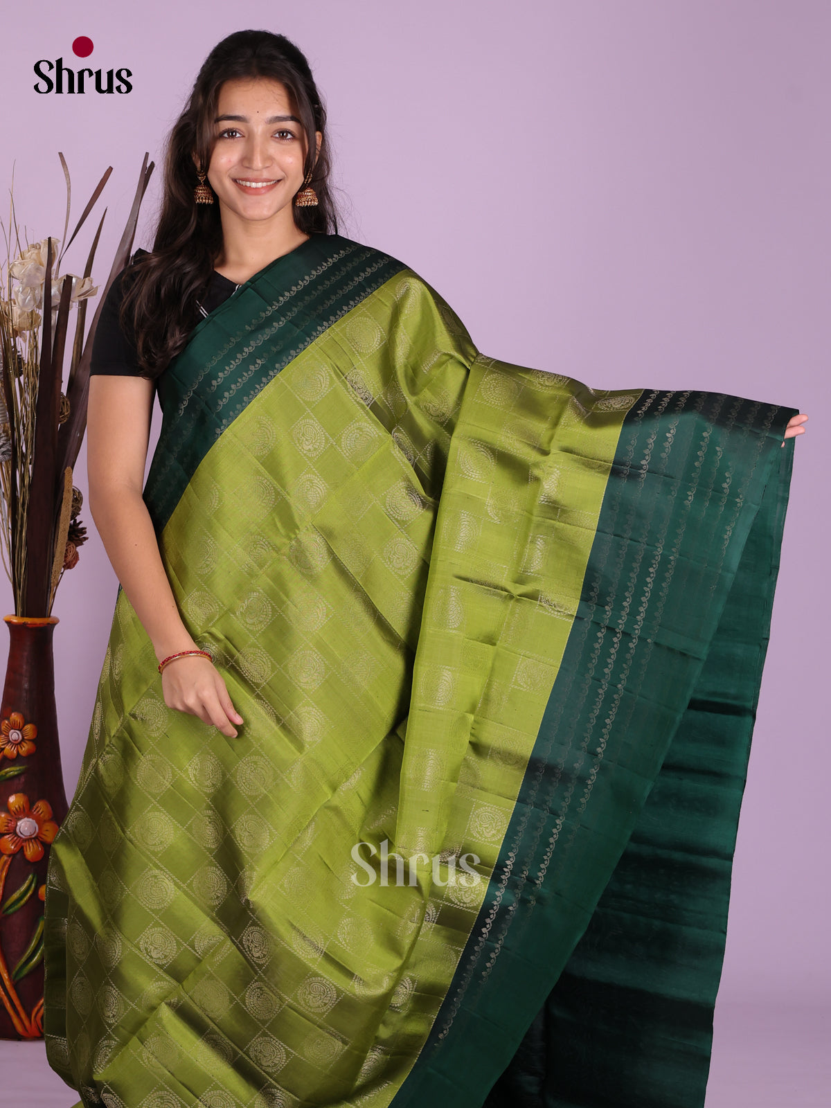 Serene Light Green Soft Silk Sarees with Zari Checks & Buttas, Dark Green Striped Border