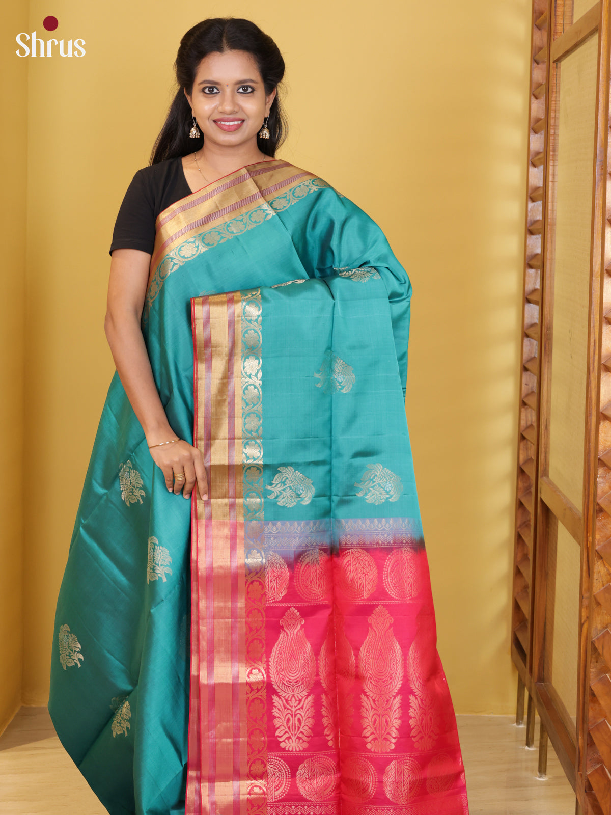 Buy Timeless Light Teal Soft Silk Saree with Floral Motifs, Zari Woven Border & Pink Pallu