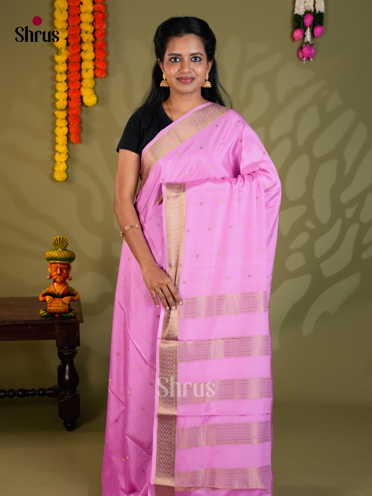 Buy Classy Lilac Mysore Silk Saree with Golden Buttas, Small Zari Border & Striped Pallu