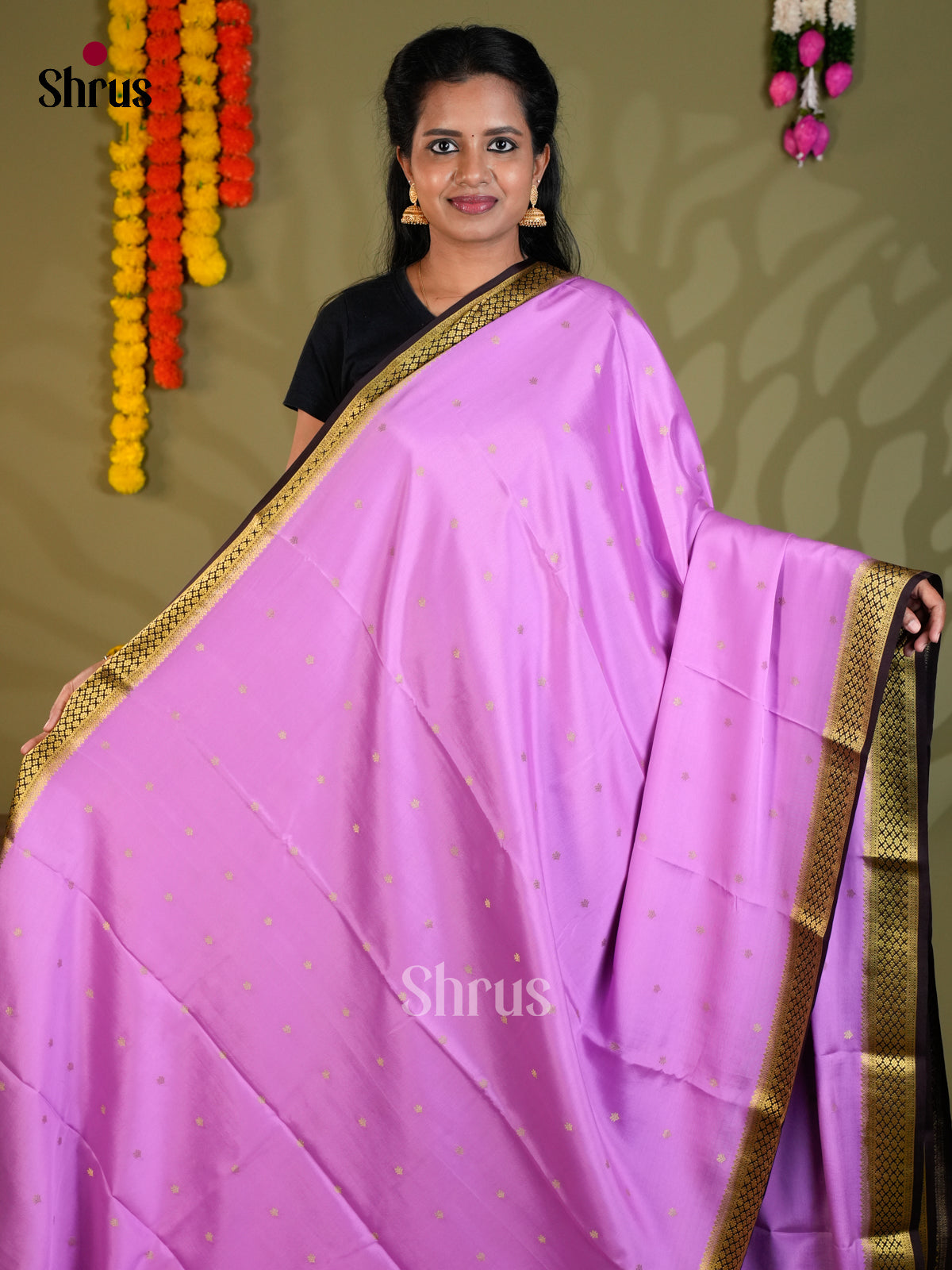 Buy Vivacious Lilac Mysore Silk Sarees with Gold Buttas, Dark Brown Border & Stripe Pallu