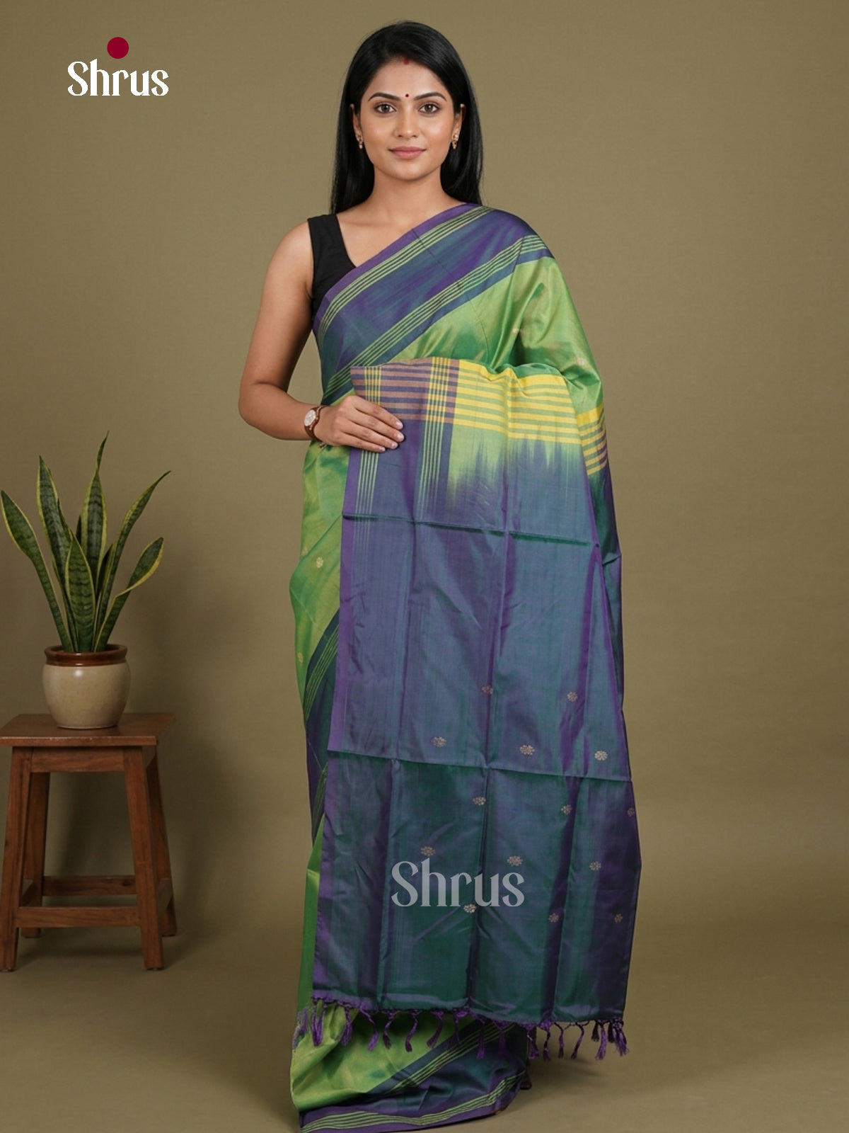 Buy Luminous Lime Green Banana Pith Saree With Gold Buttas & Blue Rettaipet Zari Boder