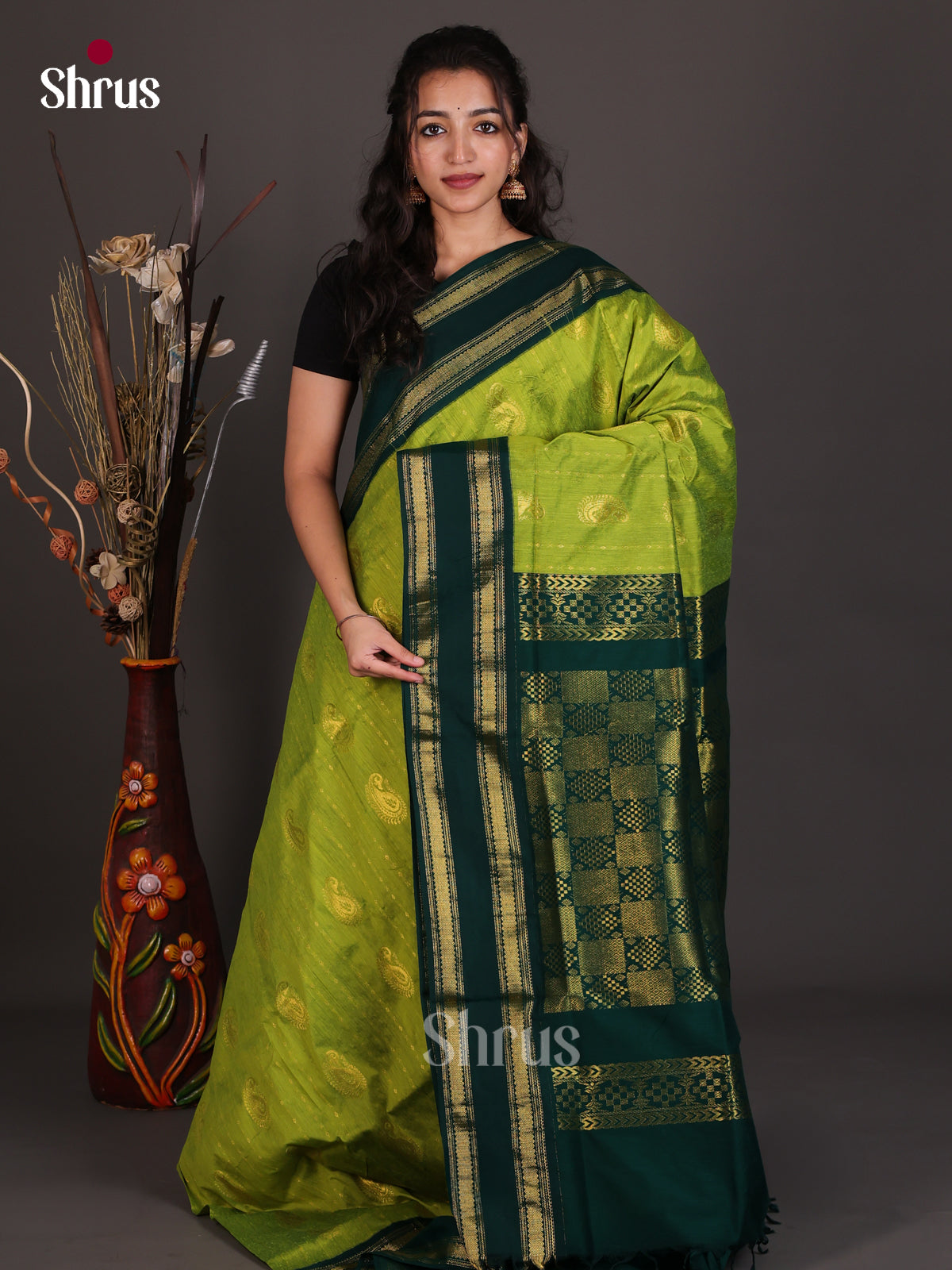 Gorgeous Lime Green Kalyani Cotton Saree With Dotted Lines, Mango Motifs & Bottle Green Zari Pallu