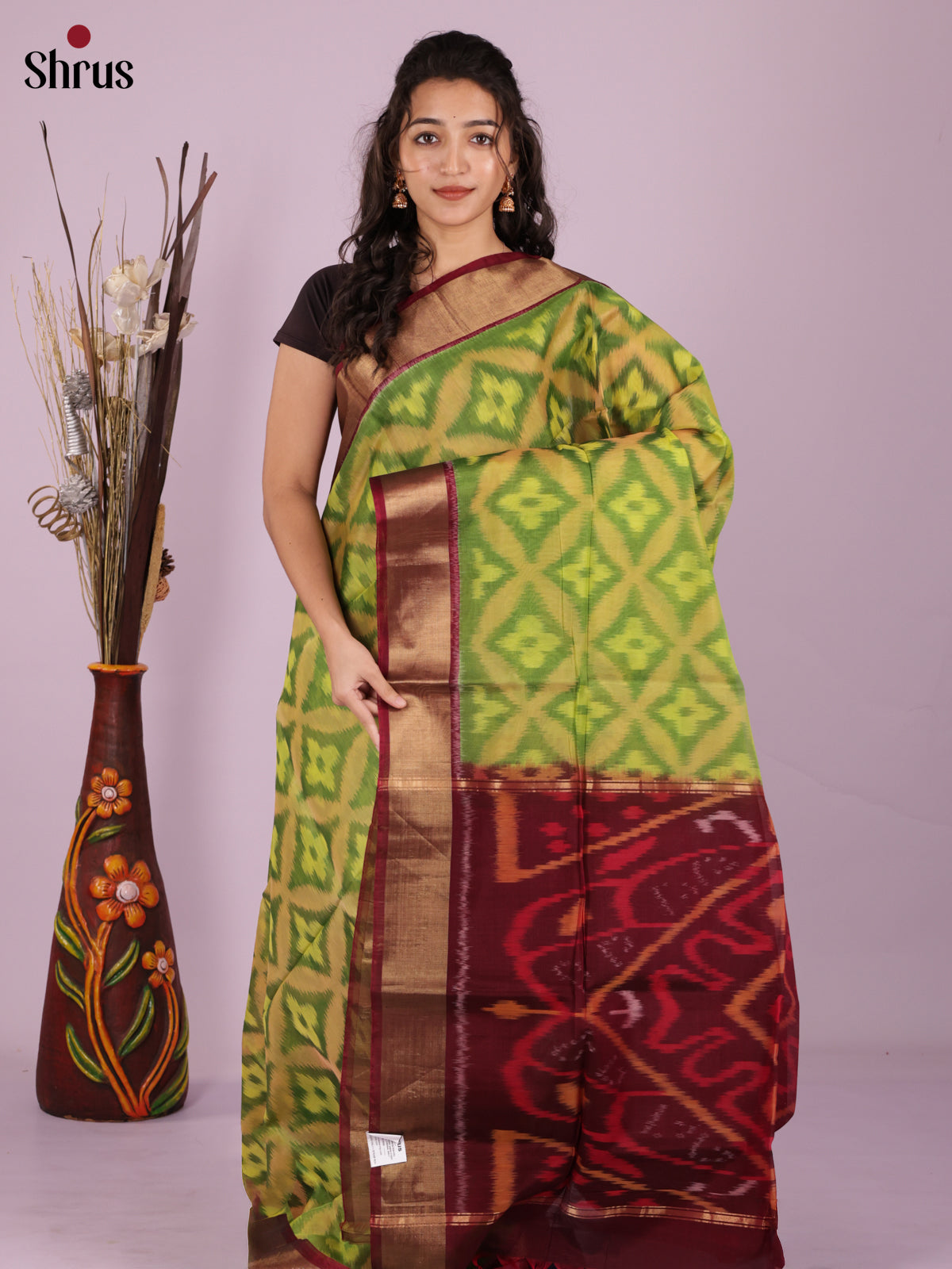 Buy Luminous Lime Green Pochampally Silk Cotton Saree With Ikat Motifs, Maroon Border & Pallu