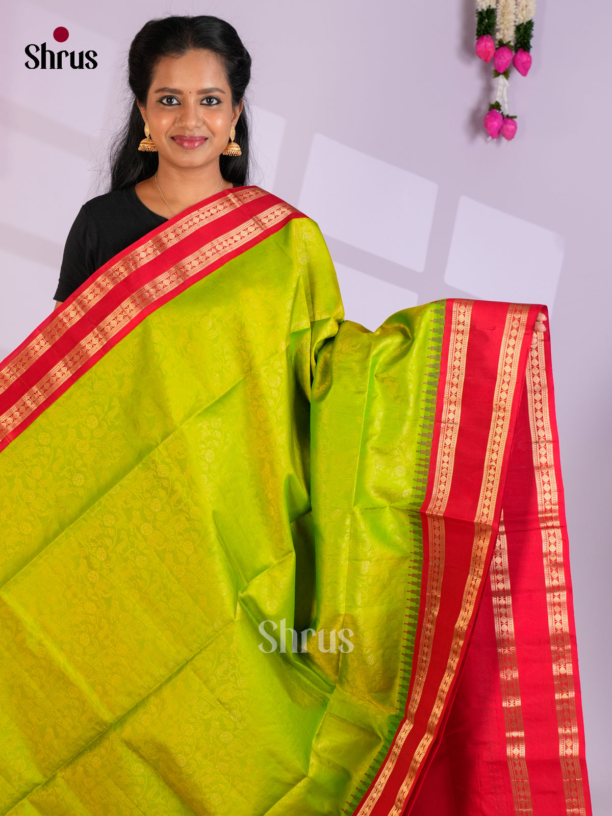 Buy Beautiful Lime Green Pure Soft Silk Saree with Floral Nestling Brocade & Red Rettaipet Border