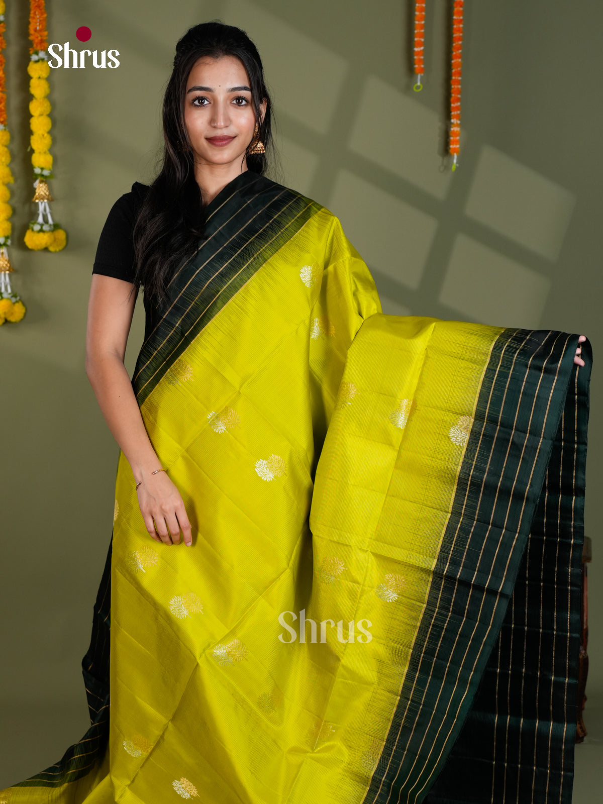 Buy Pretty Lime Green Soft Silk Saree With Zari Striped Bottle Green Border