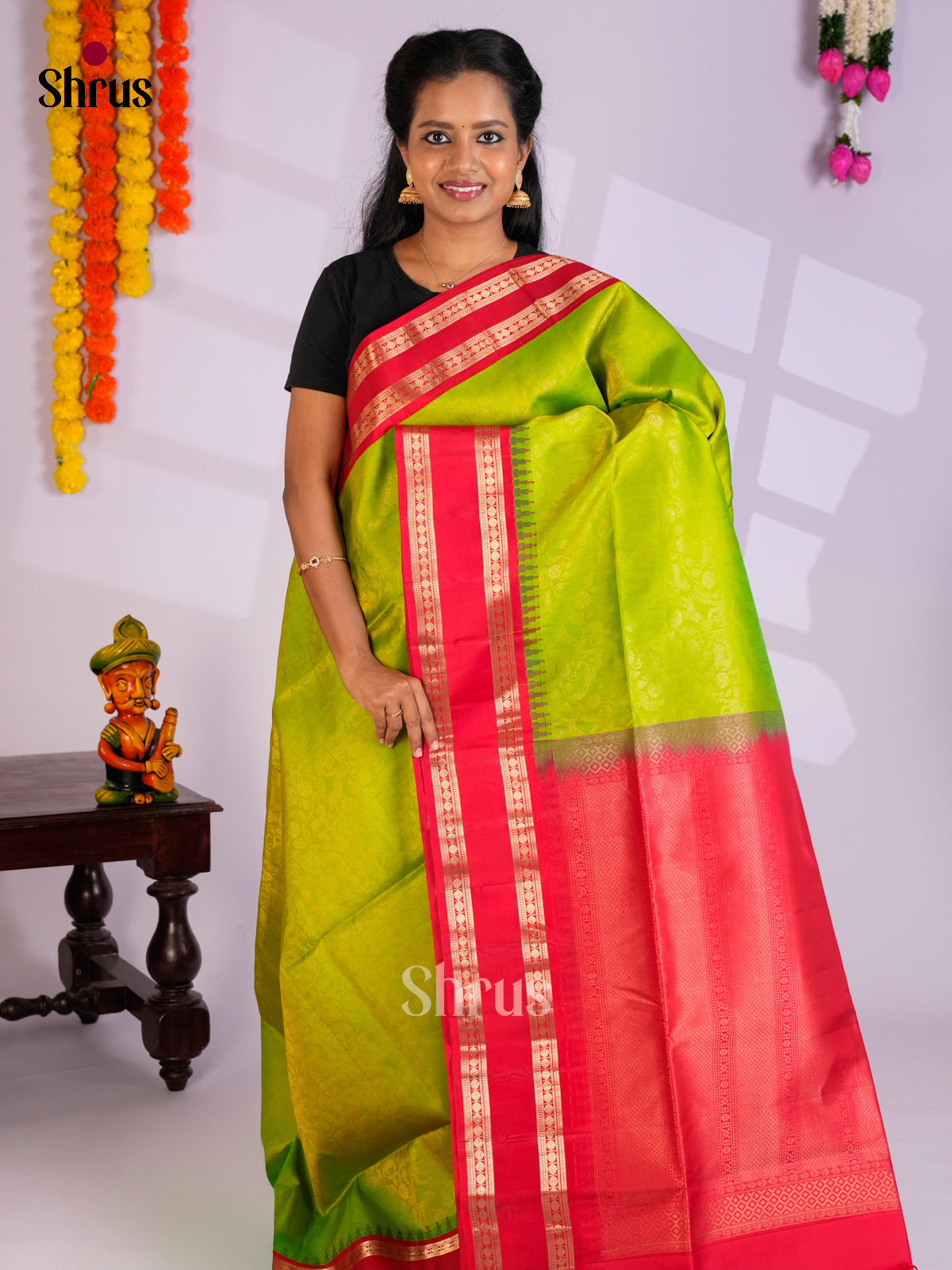 Buy Beautiful Lime Green Soft Silk Saree with Floral Nestling Brocade & Red Rettaipet Border