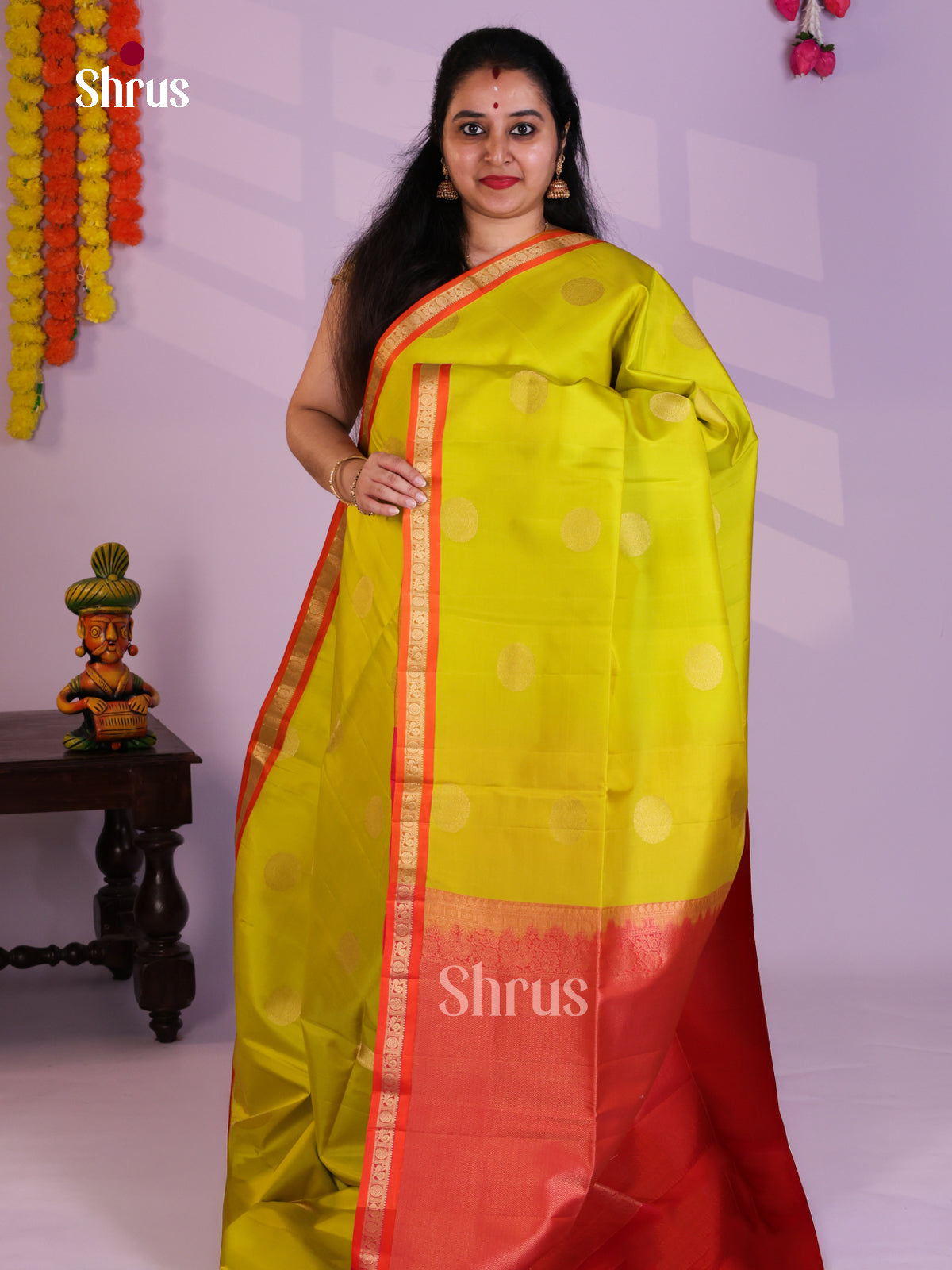Buy Opulent Lime Green Soft Silk Saree with Round Floral Motifs & Orange Small Zari Border & Pallu