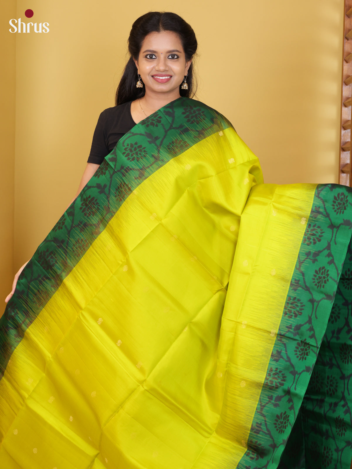 Buy Stunning Lime Green Soft Silk Sarees with Floral Buttas & Green Ikkat Inspired Floral Vines Border