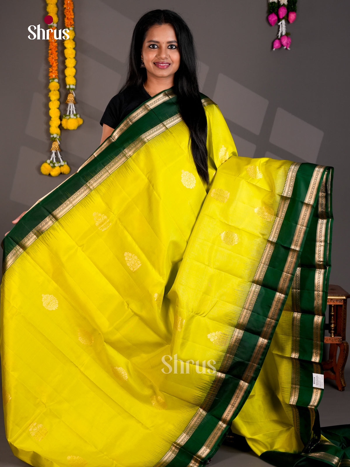 Buy Luminous Lime Yellow Kanchipuram Saree with Floral Motifs & Bottle Green Rettaipet Zari Border