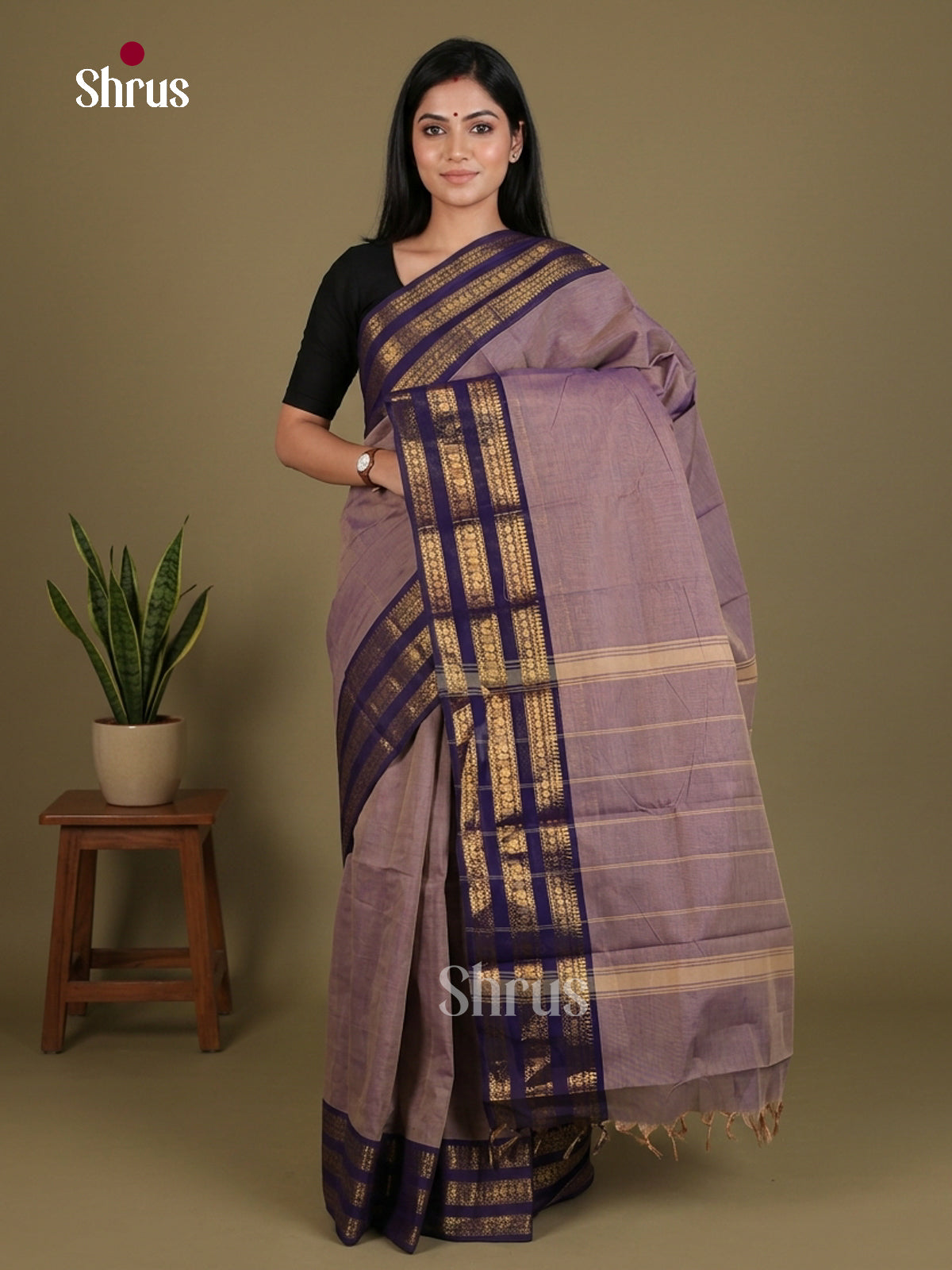 Lovely Lavender Chettinad Cotton Saree With Violet Border With Zari Bands & Striped Pallu