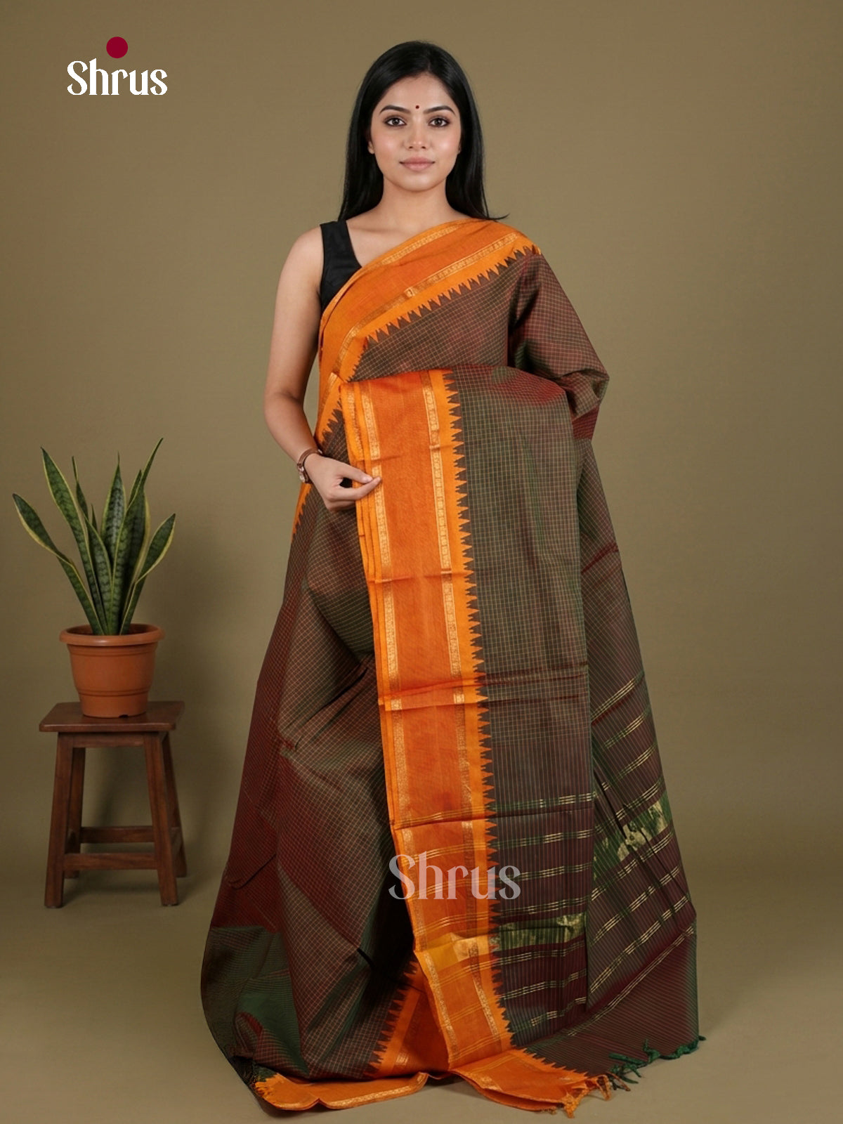 Lovely Olive Chettinad Cotton Saree With Checks, Mustard Rettapet Temple Zari Border & Pallu