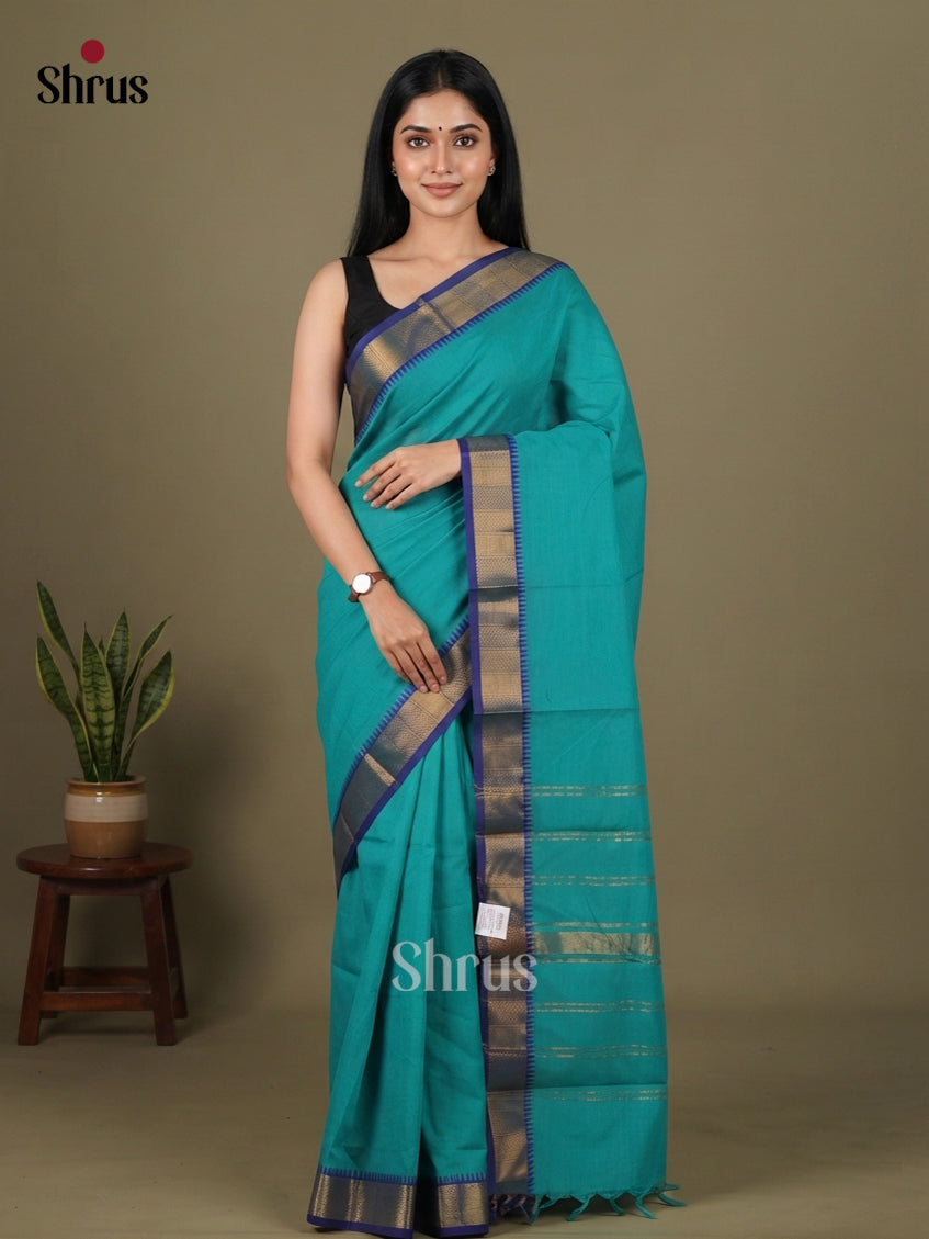 Lovely Teal Blue Chettinad Cotton Saree With Deep Blue Kaddi Temple Zari Border & Chit pallu
