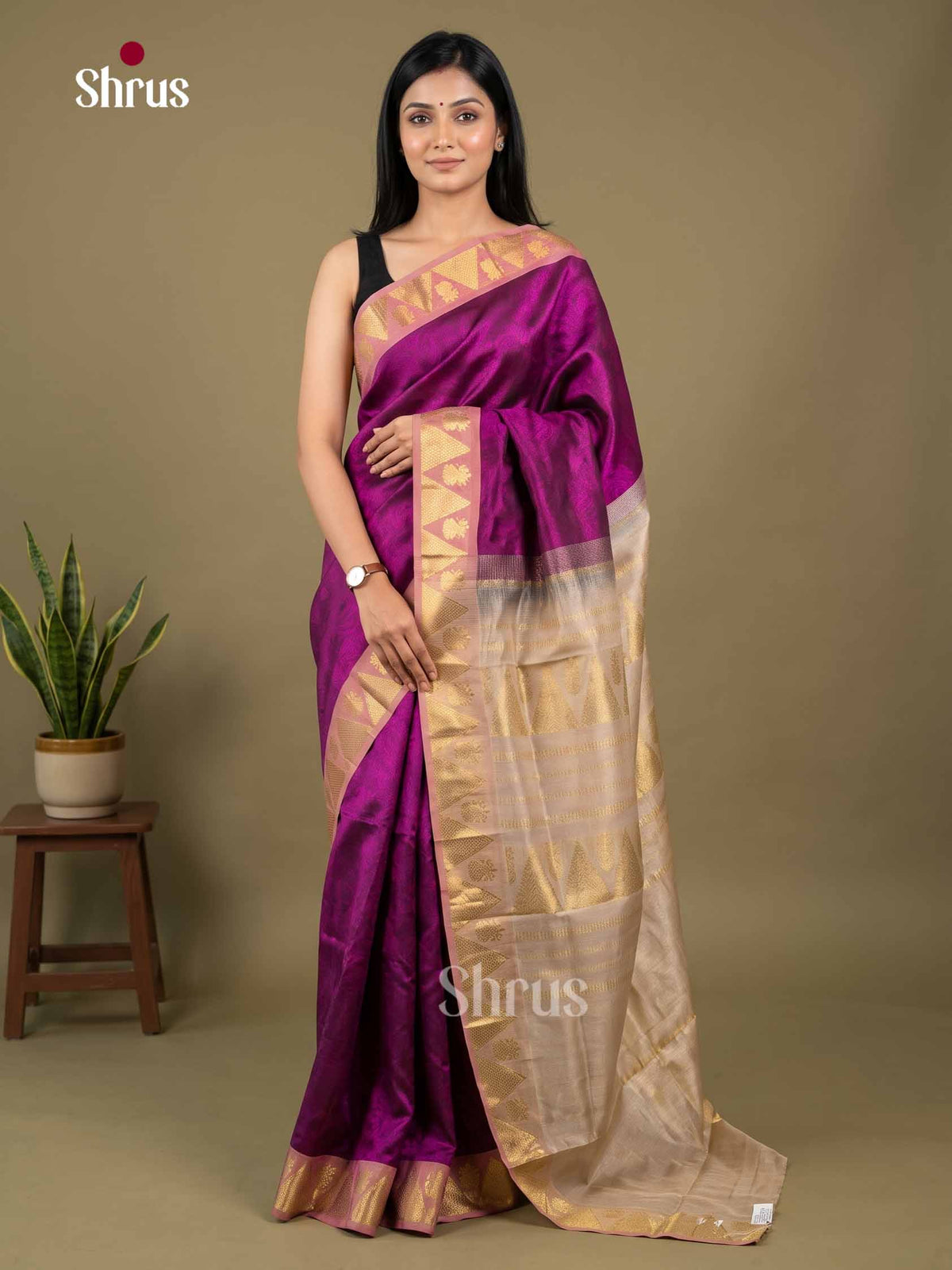 Luminous Magenta Purple Cotton Silk Saree With Subtle Woven Motifs & Champagne Gold Zari Pallu