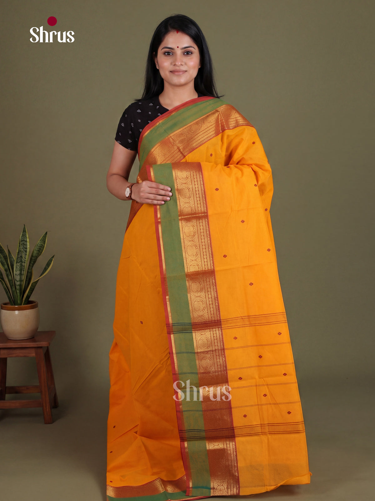 Luminous Mambazha Yellow Chettinad Cotton Saree With Thread Buttas & Red Zari Woven Border