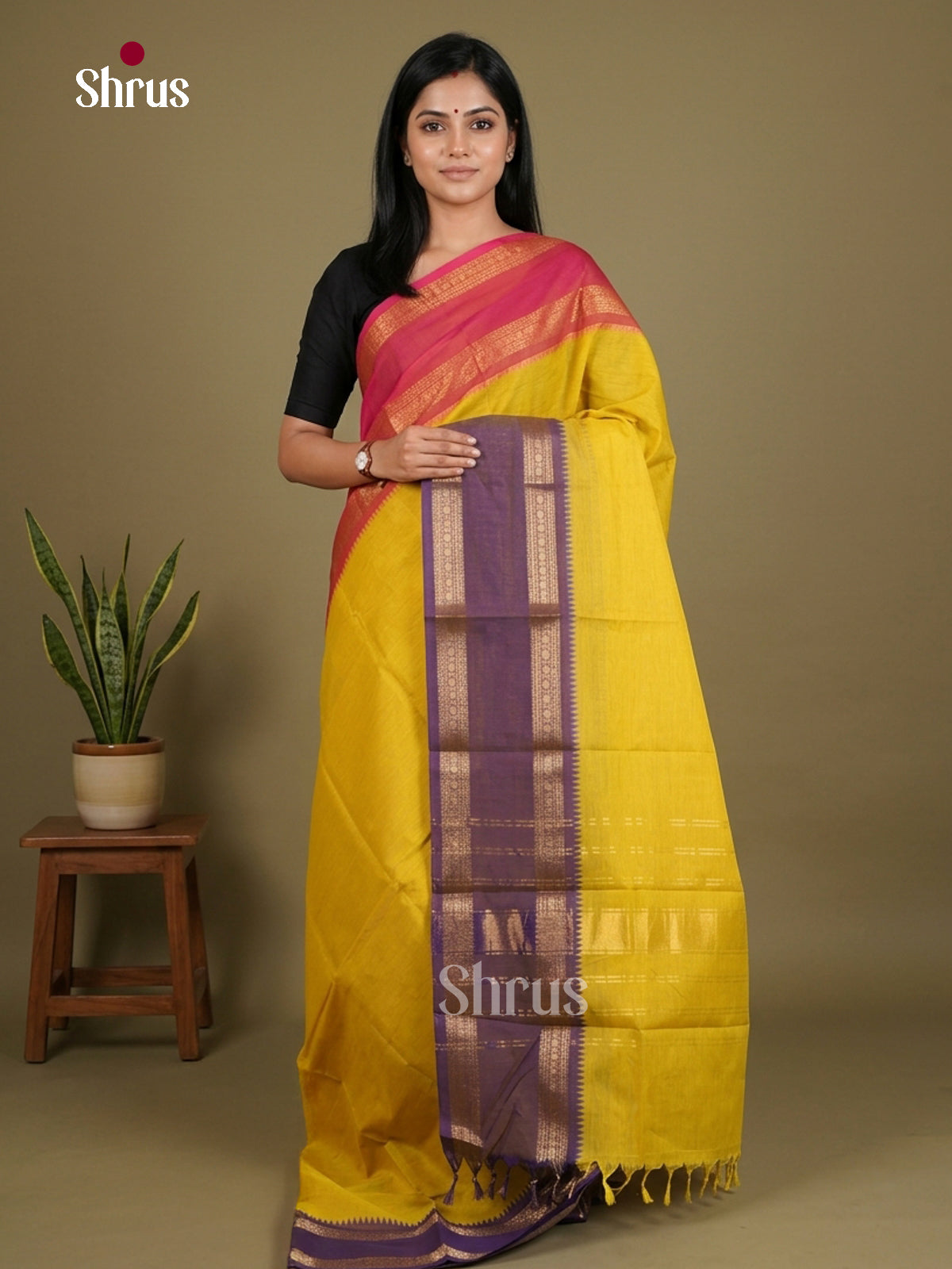 Luminous Mustard Chettinad Cotton Saree With Ganga Jamuna Rettapet Zari Border & Pallu