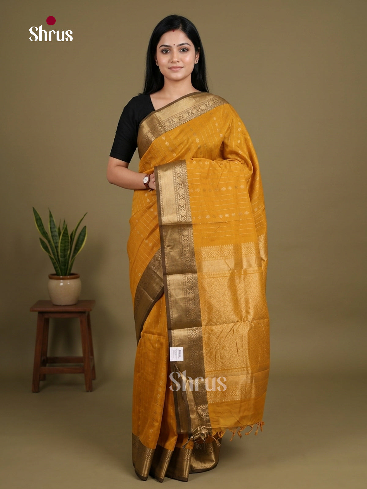 Luminous Mustard Chettinad Cotton Saree With Golden Stripes, Floral Buttas & Brocade Pallu
