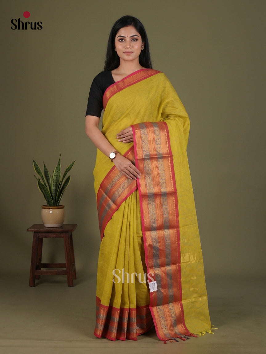 Luminous Mustard Chettinad Cotton Saree With Red Zari Woven Broad Border