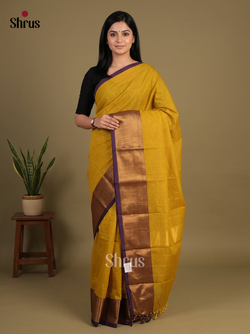 Luminous Mustard Yellow Chettinad Cotton Saree With Plain Body & Deep Purple Zari Border