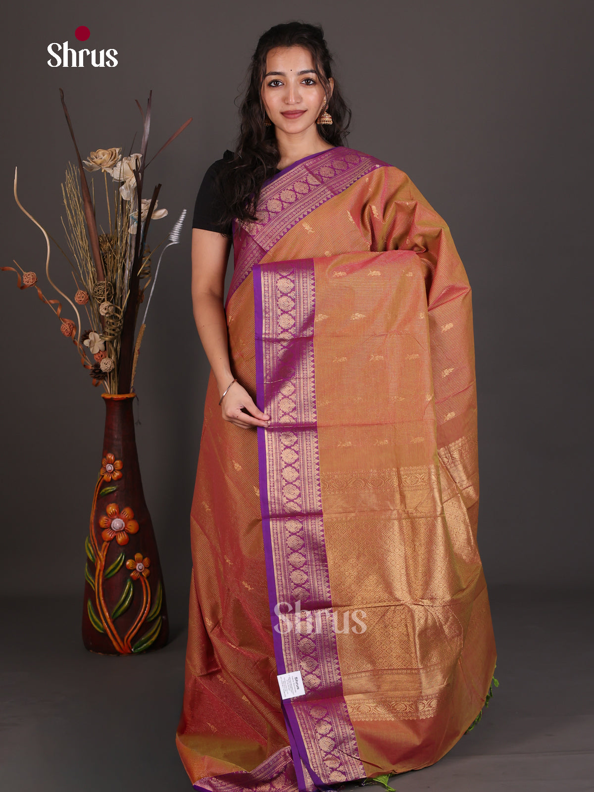 Luminous Orange Chettinad Cotton Saree With Gold Stripes, Buttas & Magenta Zari Border
