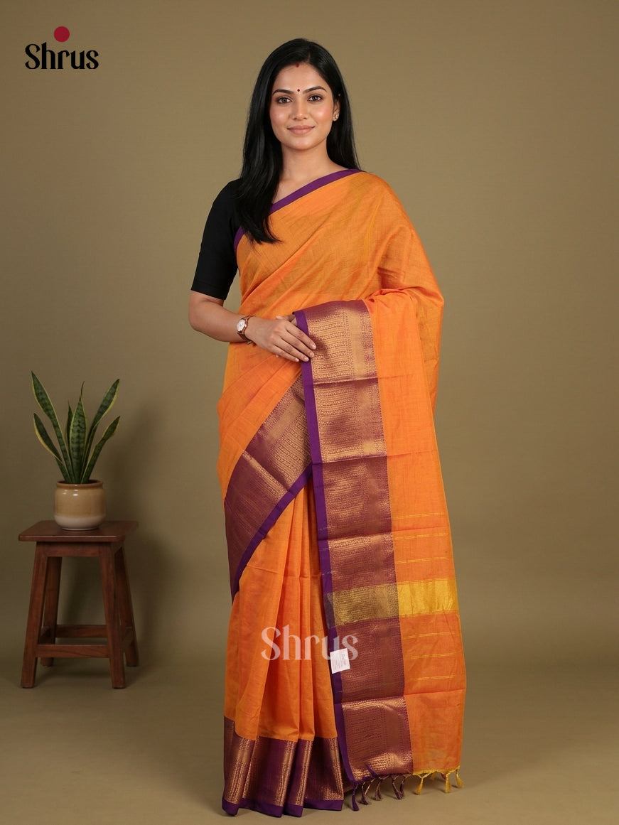 Luminous Orange Chettinad Cotton Saree With Plain Body & Deep Purple Broad Zari Border