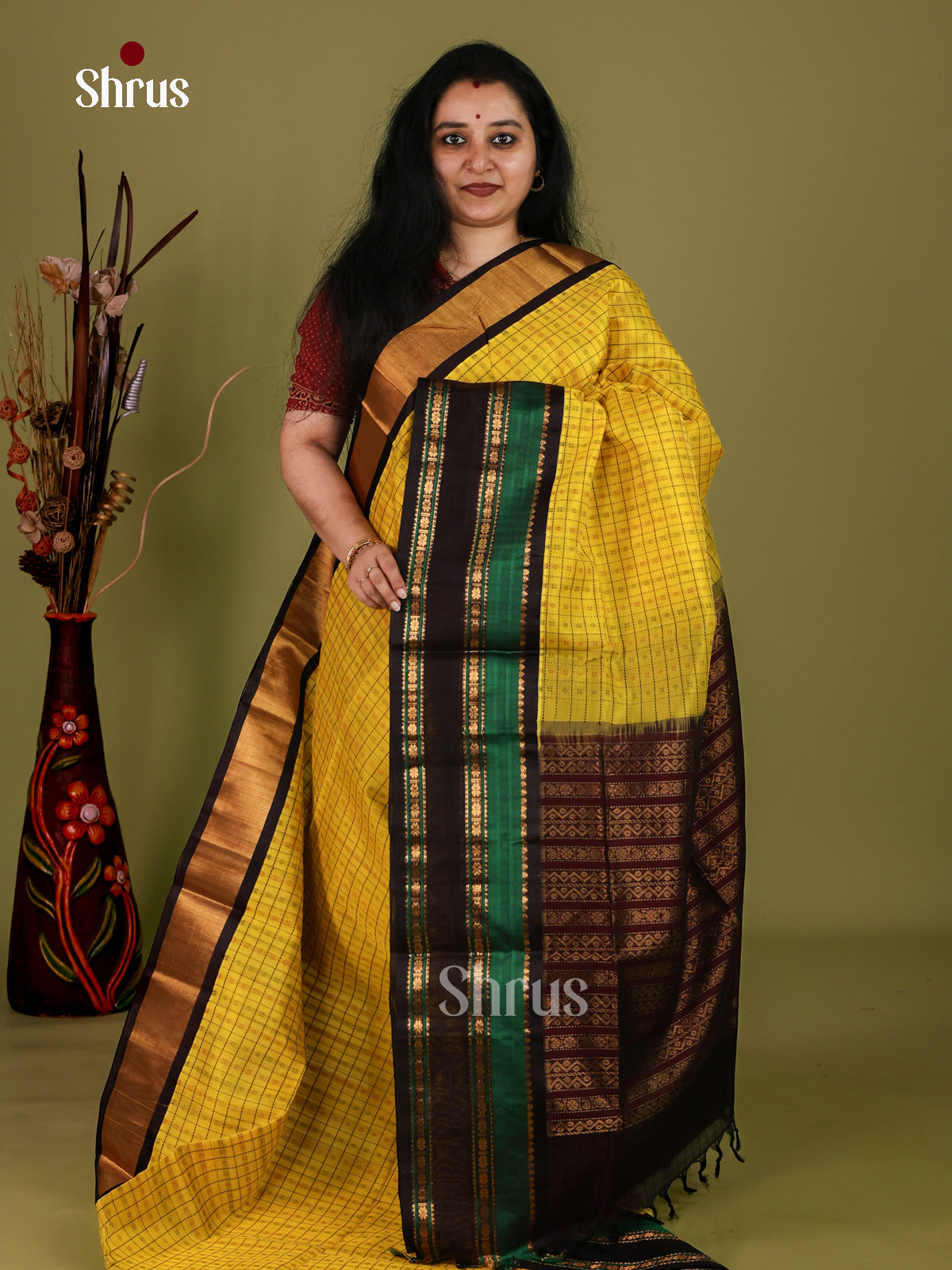 Luminous Yellow Cotton Silk Saree With Fine Checks, Dots & Zari Border With Black & Green Bands